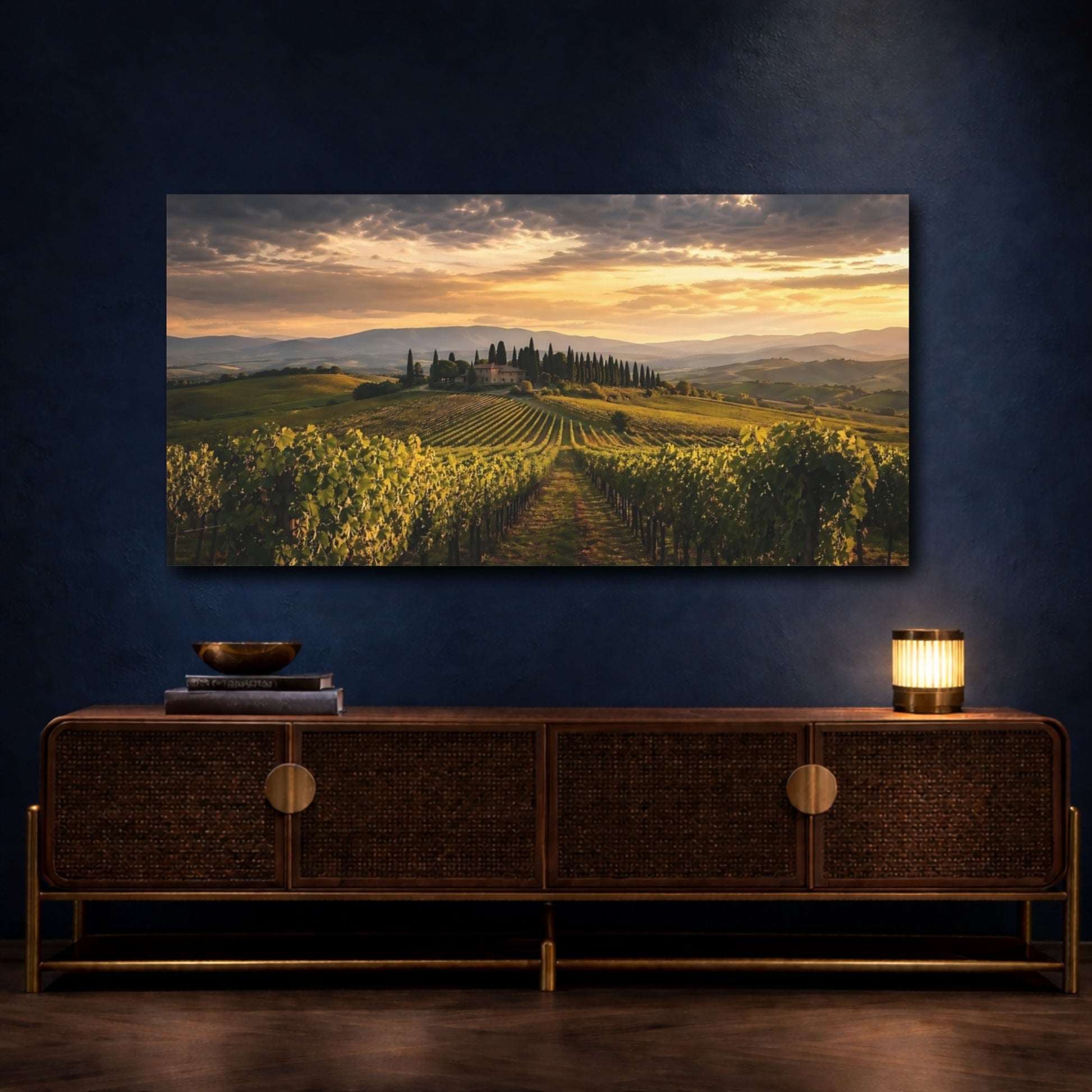 Mockup 4. Nature Vineyard Golden Vineyard shown as stretched canvas wall art