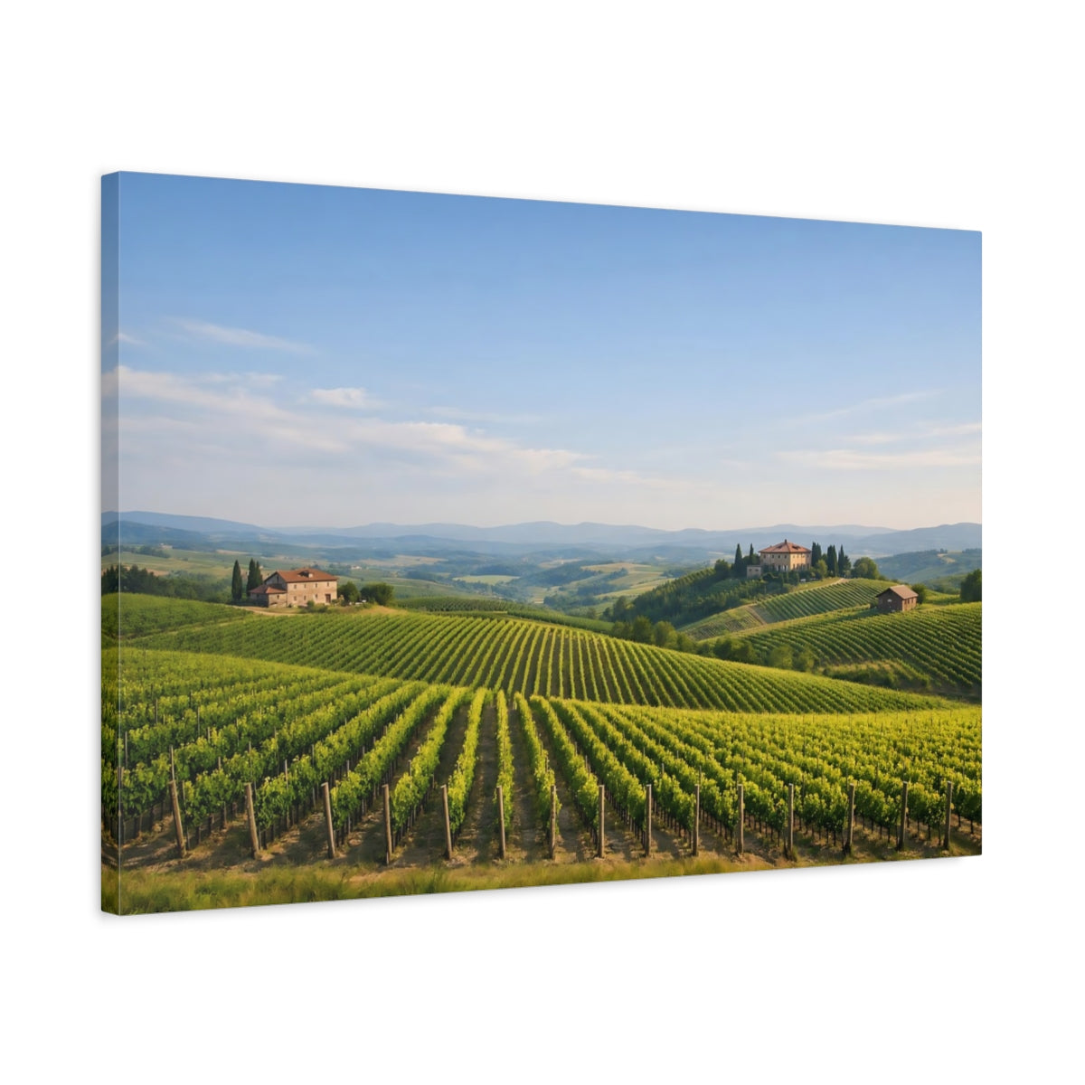 Side Mockup 2. Nature Vineyard Green Vineyard shown as stretched canvas wall art