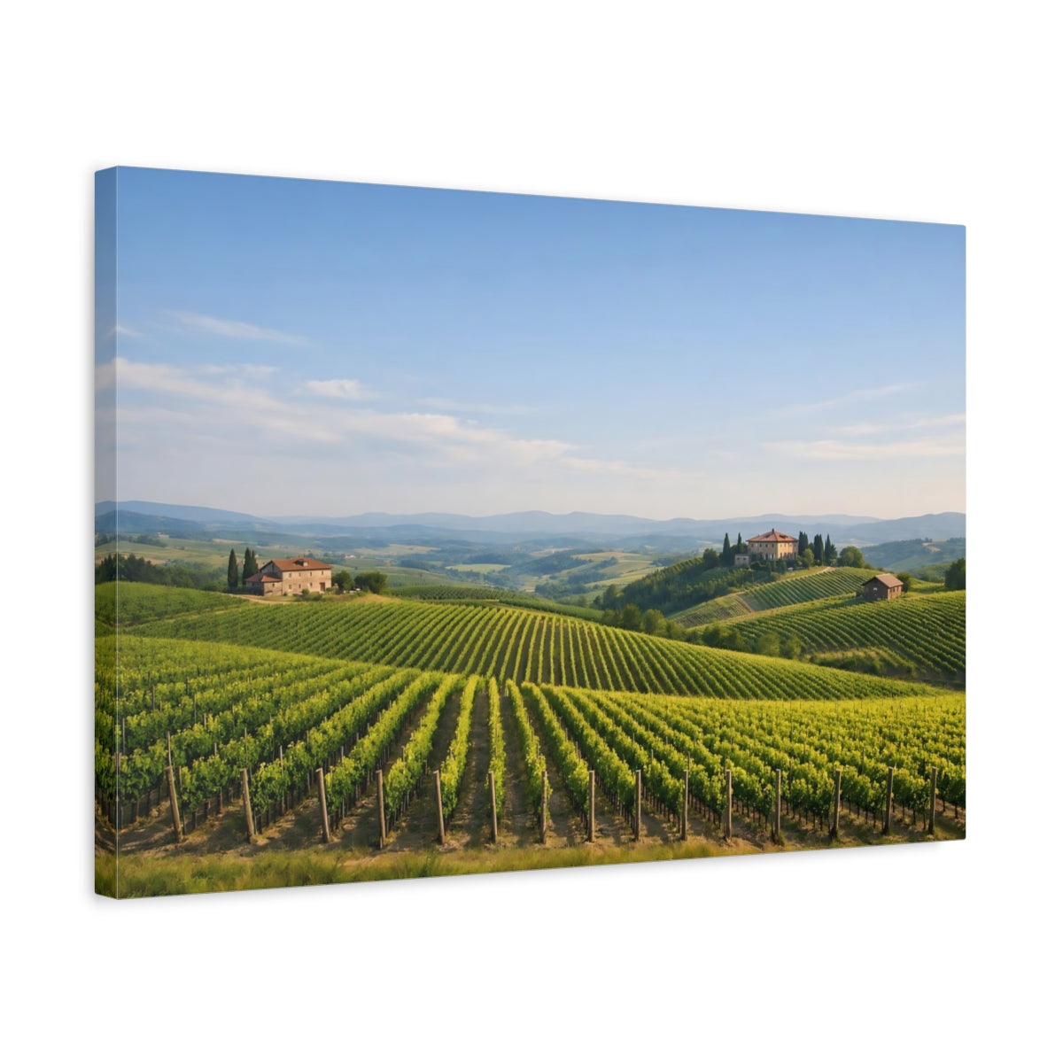 Side Mockup 3. Nature Vineyard Green Vineyard shown as stretched canvas wall art