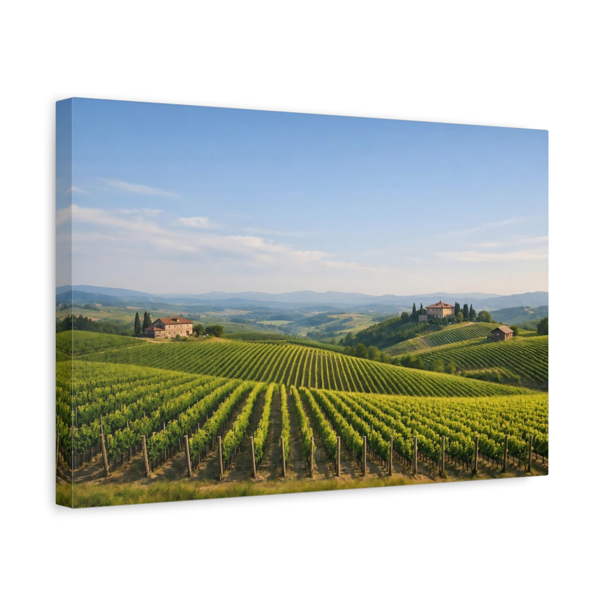 Side Mockup 4. Nature Vineyard Green Vineyard shown as stretched canvas wall art