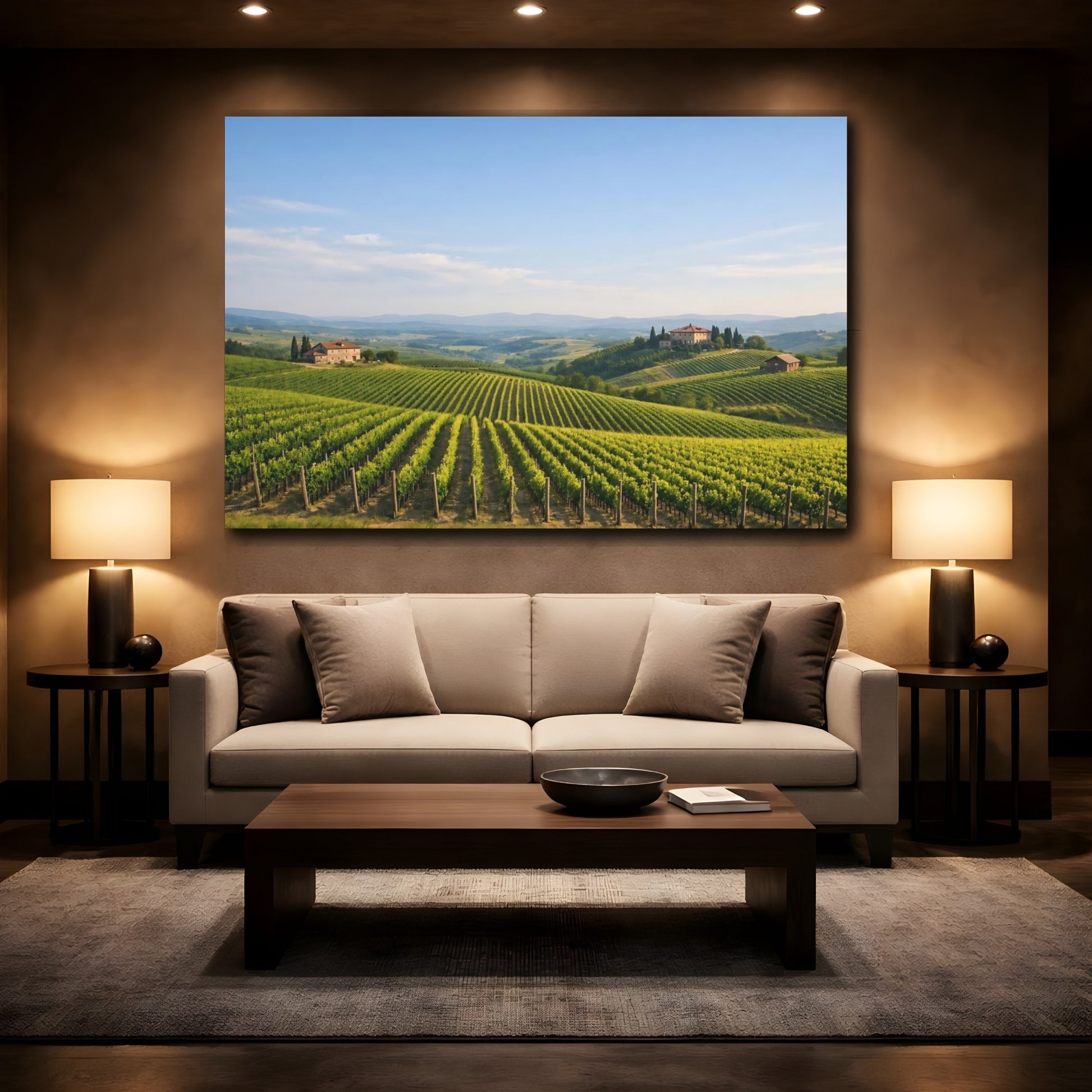 Mockup 2. Nature Vineyard Green Vineyard shown as stretched canvas wall art