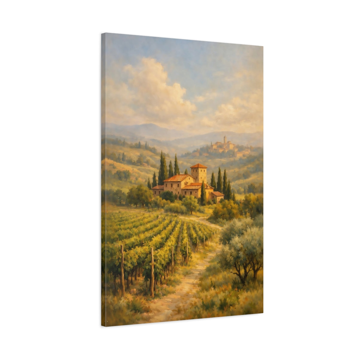 Side Mockup 1. Nature Vineyard Landscape Green And Gold Landscape shown as stretched canvas wall art