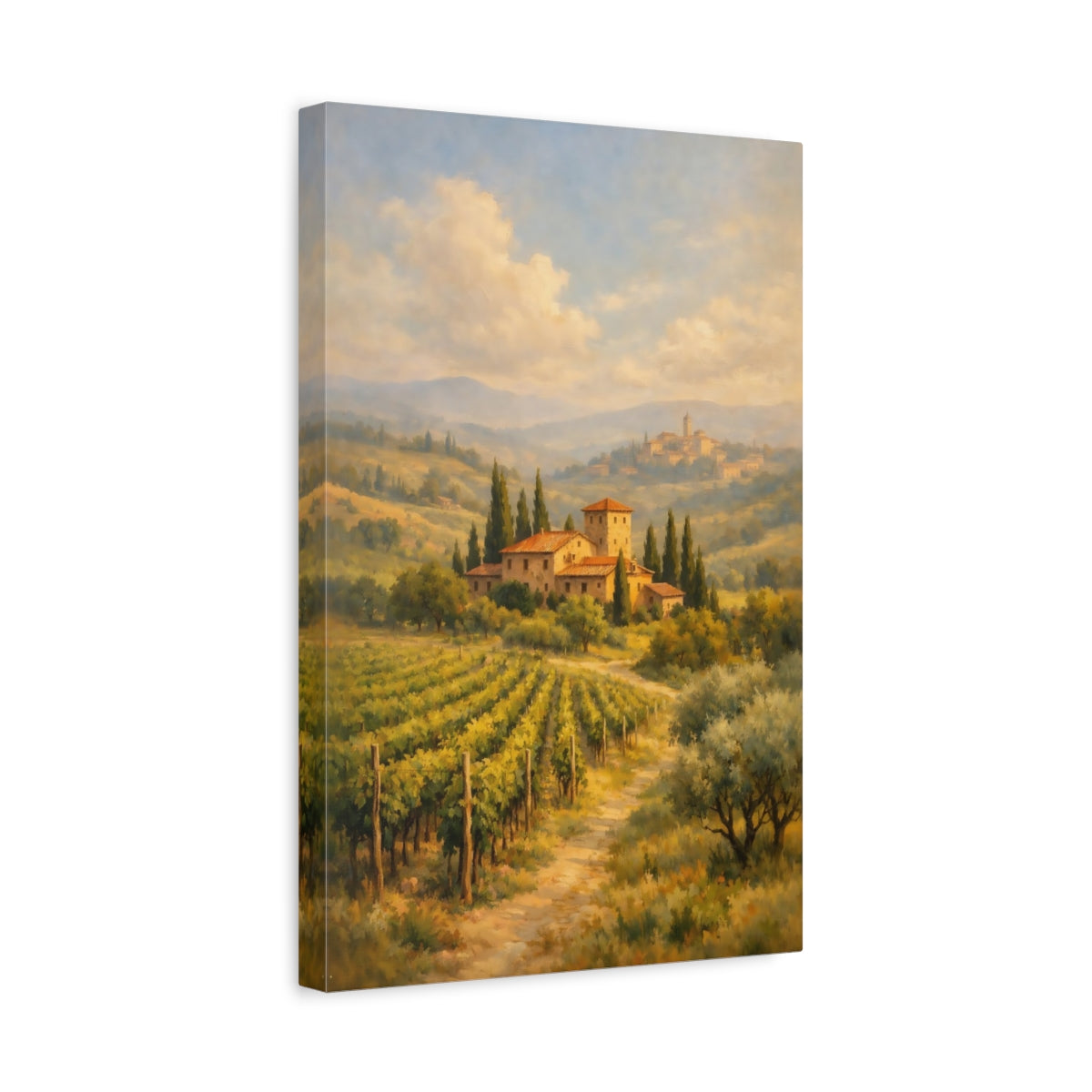 Side Mockup 4. Nature Vineyard Landscape Green And Gold Landscape shown as stretched canvas wall art