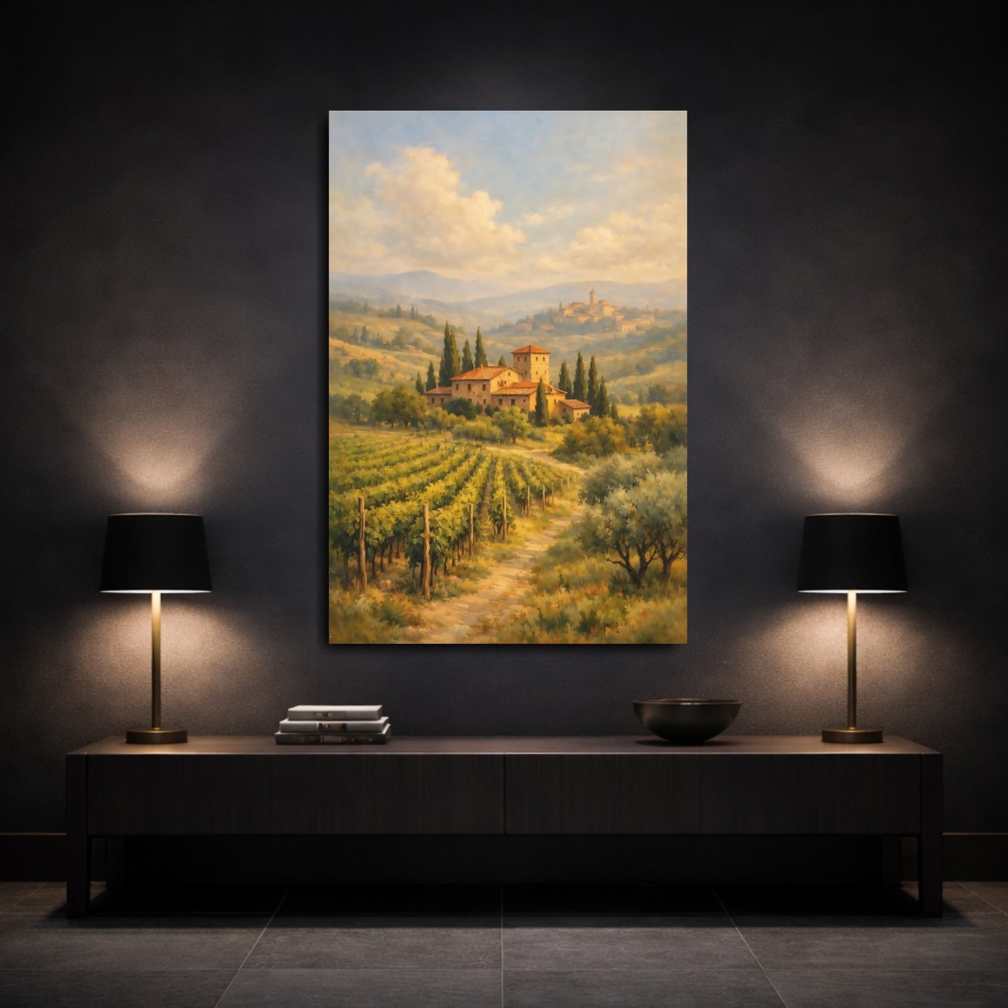 Mockup 2. Nature Vineyard Landscape Green And Gold Landscape shown as stretched canvas wall art