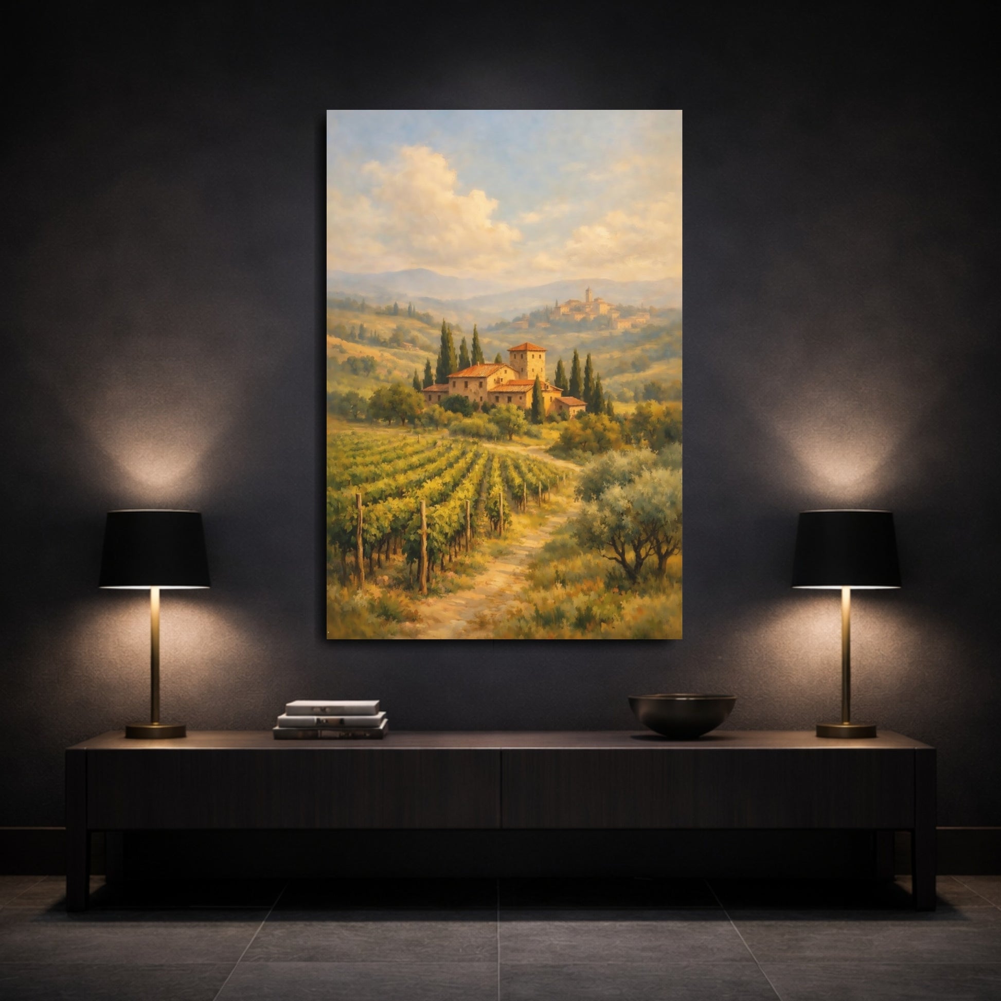 Mockup 2. Nature Vineyard Landscape Green And Gold Landscape shown as stretched canvas wall art