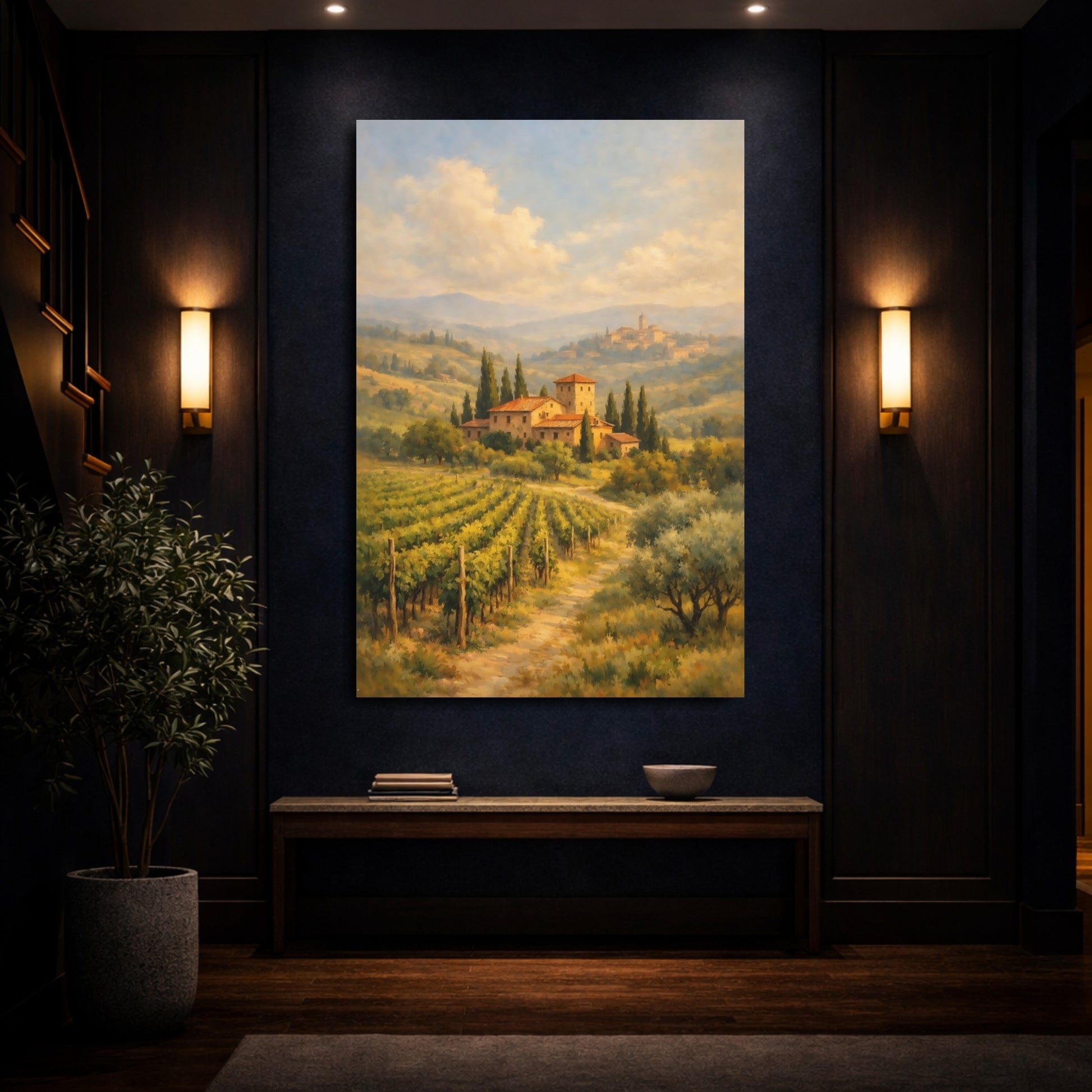 Mockup 3. Nature Vineyard Landscape Green And Gold Landscape shown as stretched canvas wall art