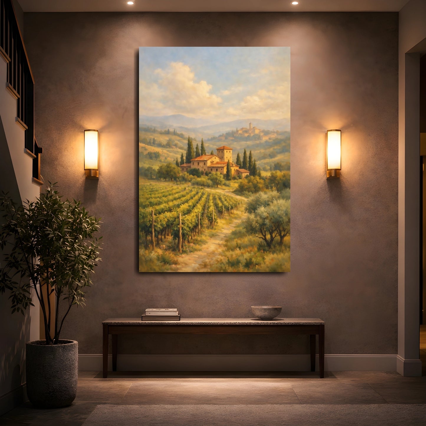 Mockup 4. Nature Vineyard Landscape Green And Gold Landscape shown as stretched canvas wall art