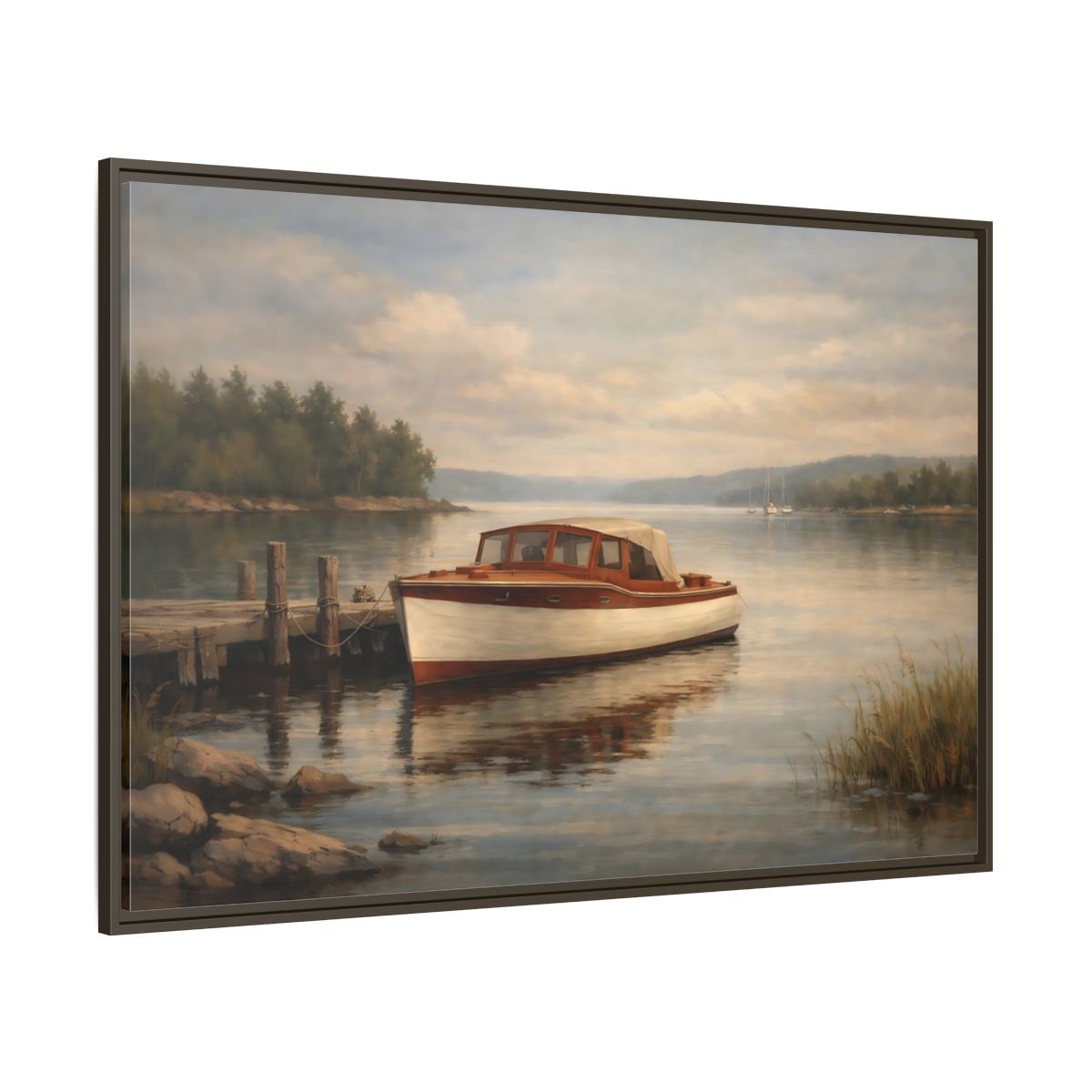 Main Mockup. Nature Vintage Boat Muted Lake Scene shown as stretched canvas wall art