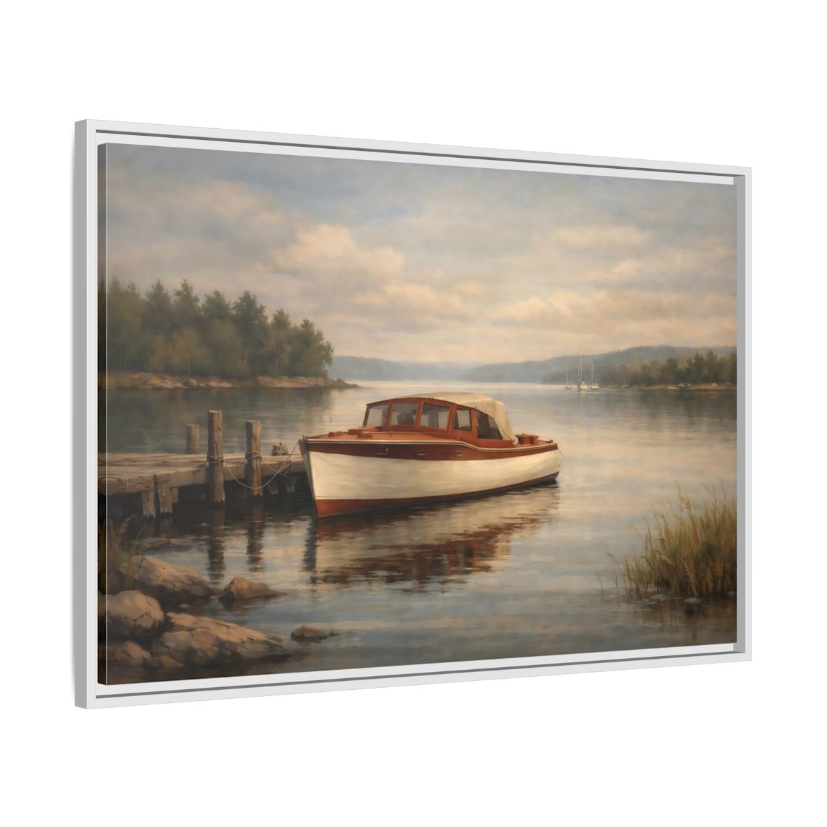 Side Mockup 8. Nature Vintage Boat Muted Lake Scene shown as stretched canvas wall art