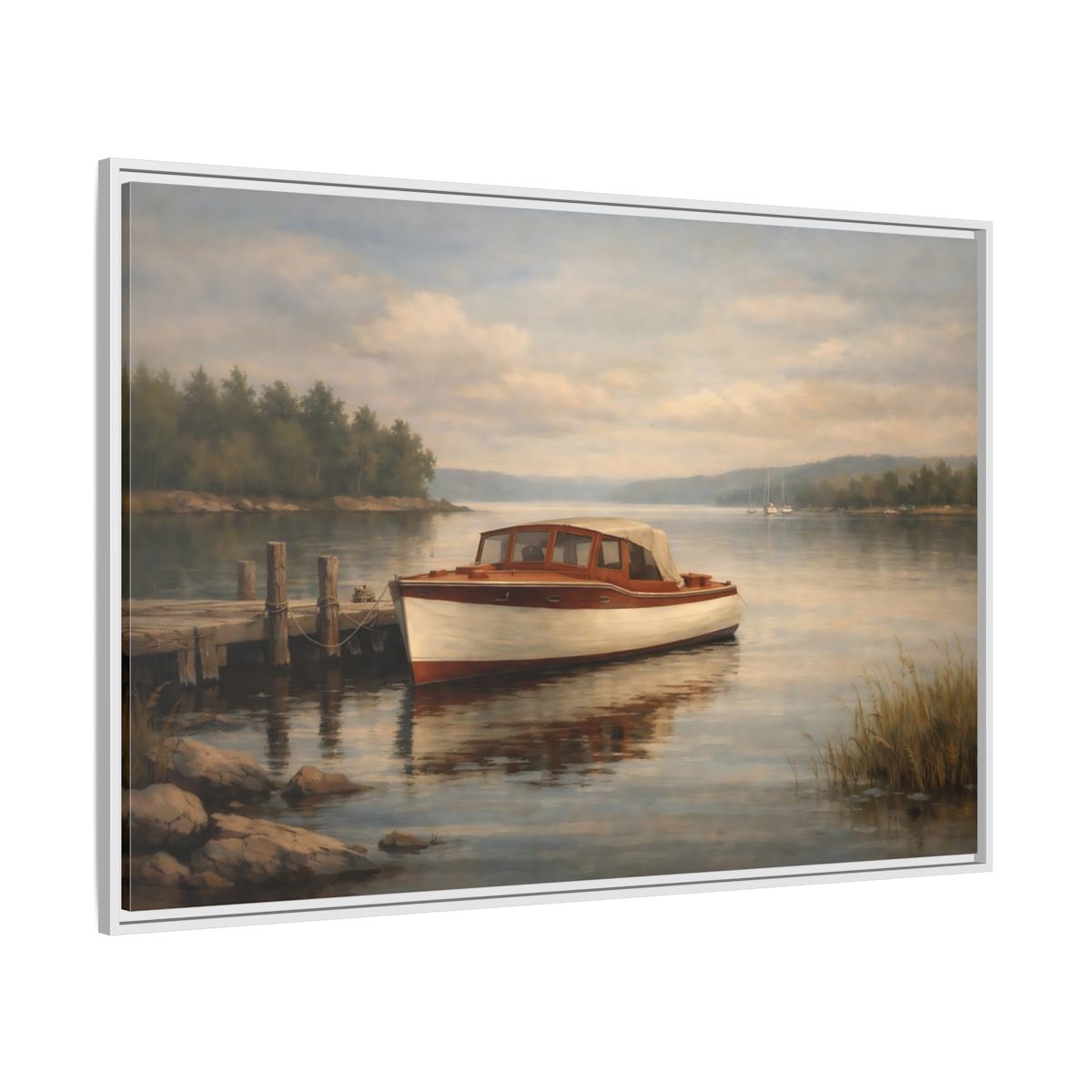Side Mockup 7. Nature Vintage Boat Muted Lake Scene shown as stretched canvas wall art