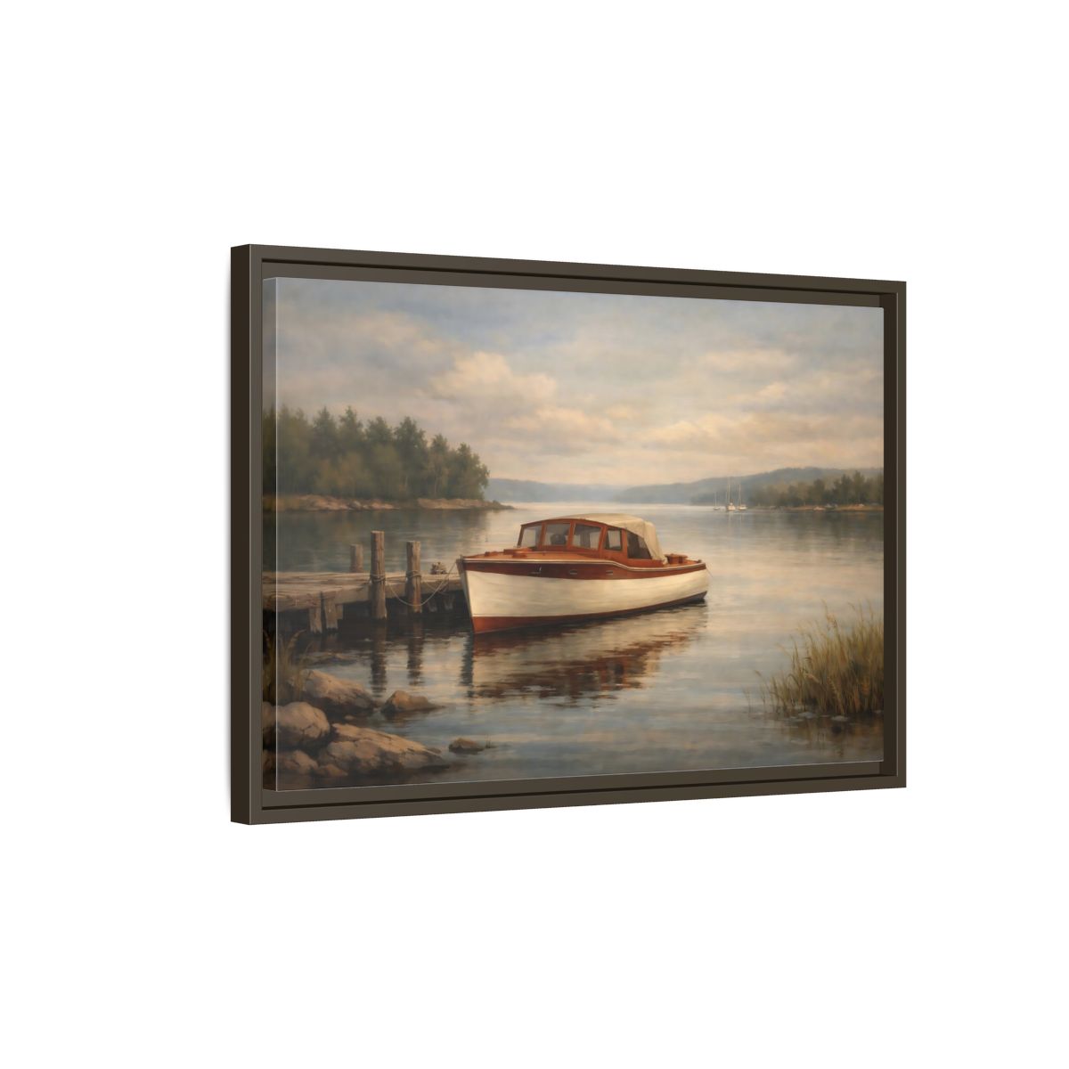 Side Mockup 2. Nature Vintage Boat Muted Lake Scene shown as stretched canvas wall art