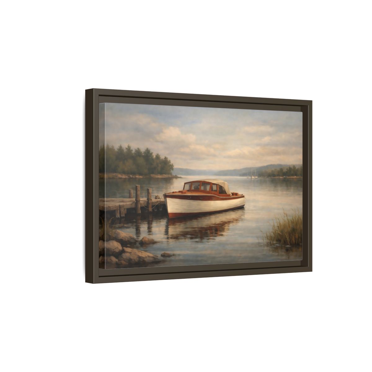 Side Mockup 5. Nature Vintage Boat Muted Lake Scene shown as stretched canvas wall art