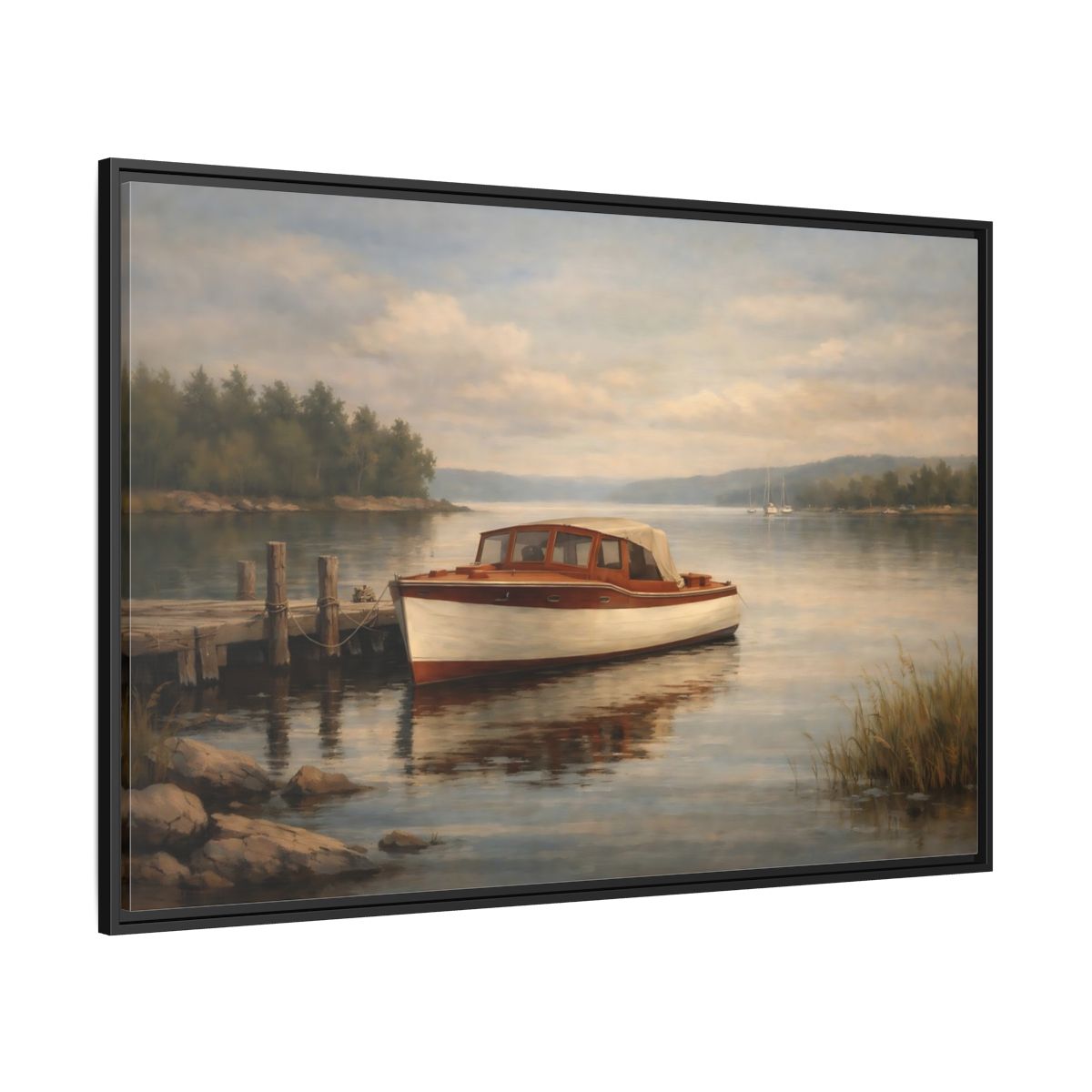 Side Mockup 12. Nature Vintage Boat Muted Lake Scene shown as stretched canvas wall art