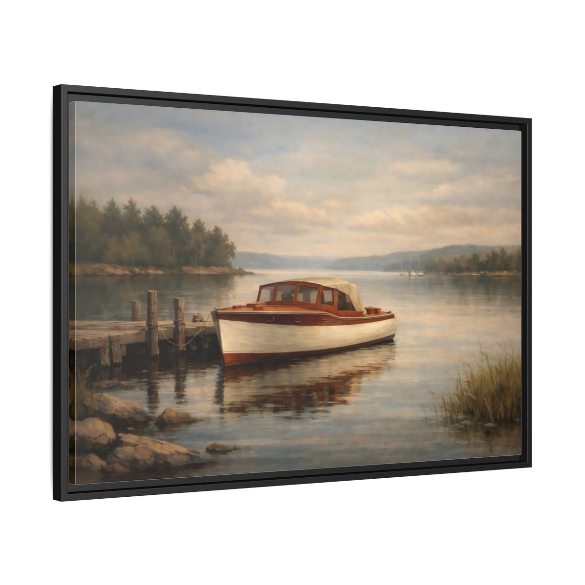 Side Mockup 13. Nature Vintage Boat Muted Lake Scene shown as stretched canvas wall art