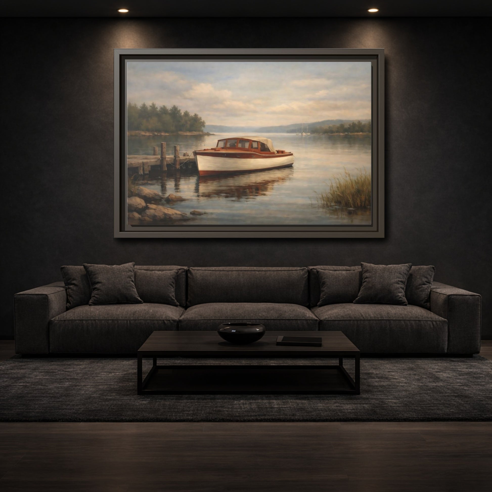 Mockup 2. Nature Vintage Boat Muted Lake Scene shown as stretched canvas wall art