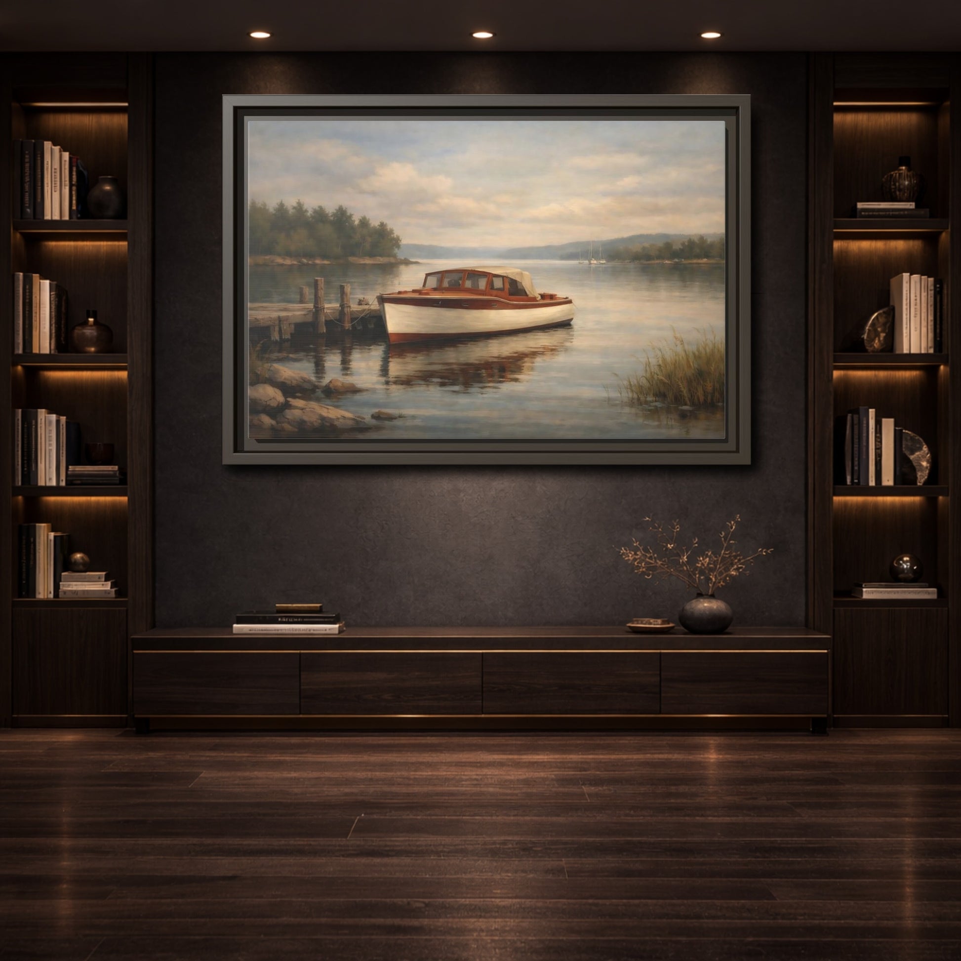 Mockup 3. Nature Vintage Boat Muted Lake Scene shown as stretched canvas wall art