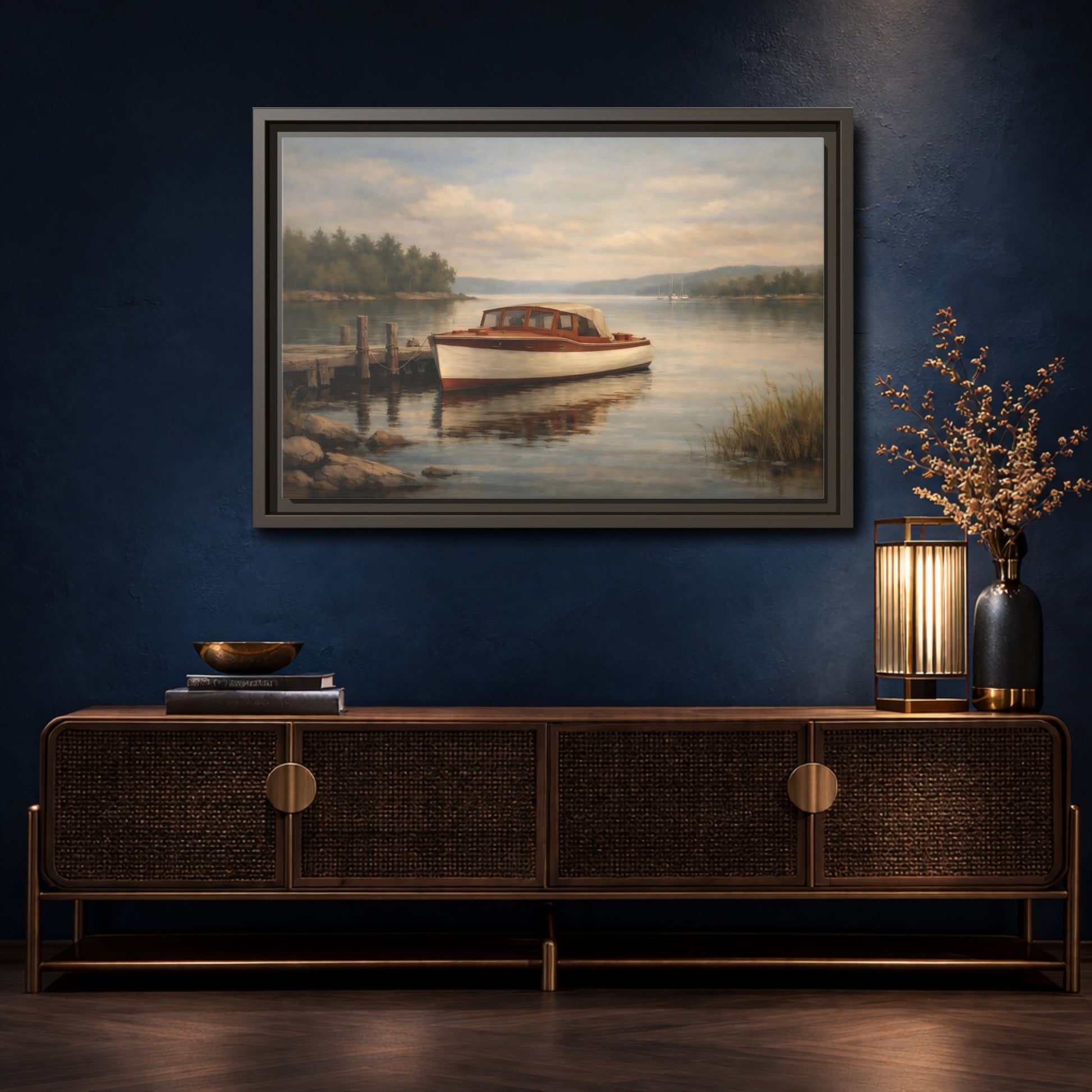 Mockup 4. Nature Vintage Boat Muted Lake Scene shown as stretched canvas wall art