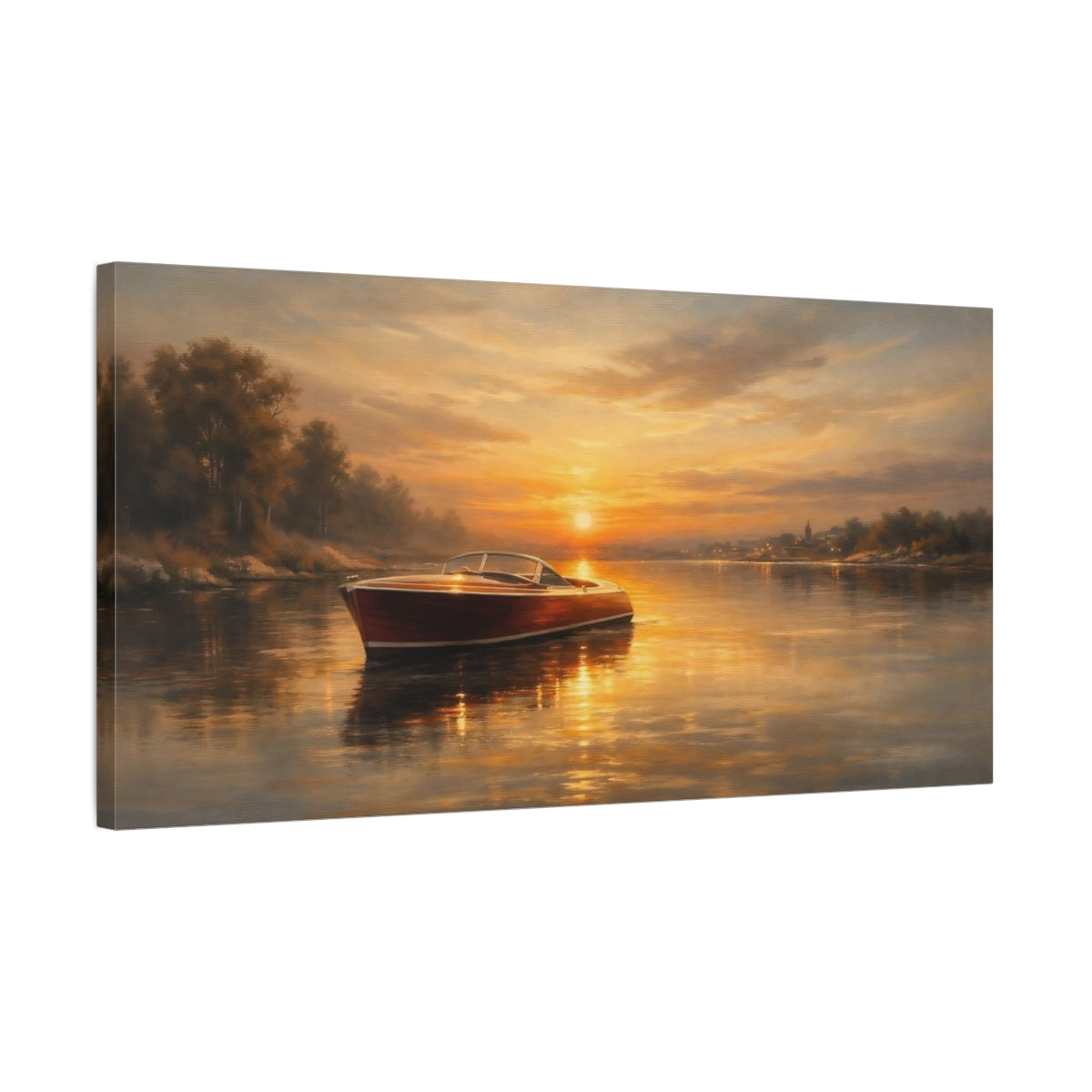 Side Mockup 2. Nature Vintage Boat Orange Sunset Boat shown as stretched canvas wall art