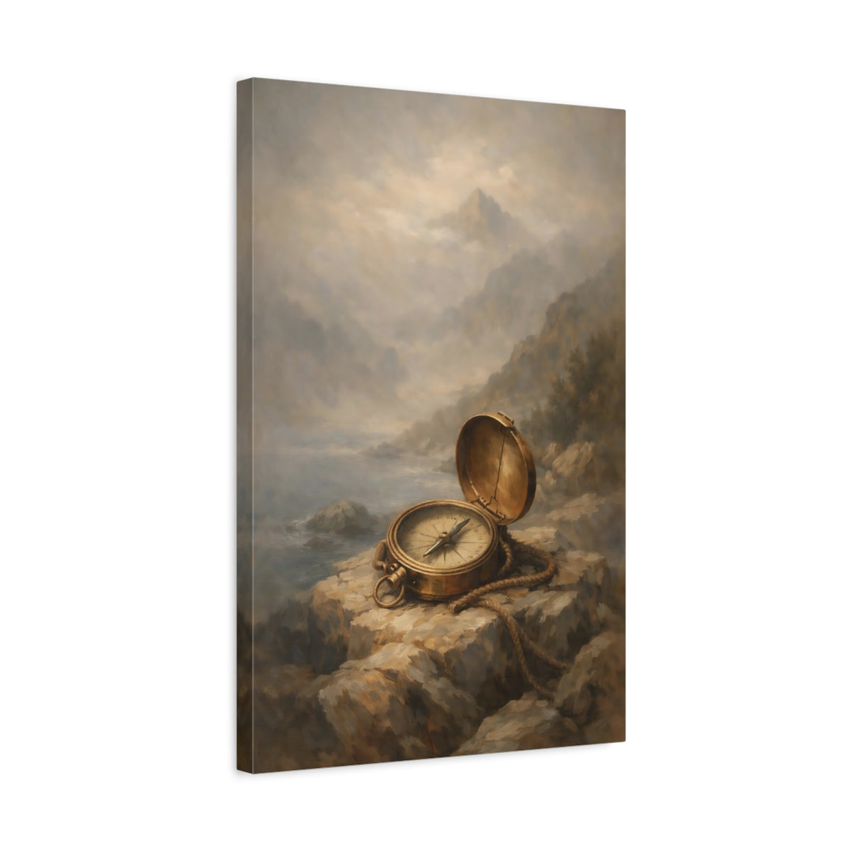 Side Mockup 3. Nature Vintage Compass Brown And Gold shown as stretched canvas wall art