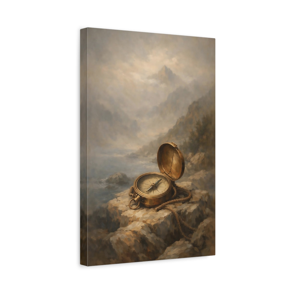 Side Mockup 4. Nature Vintage Compass Brown And Gold shown as stretched canvas wall art