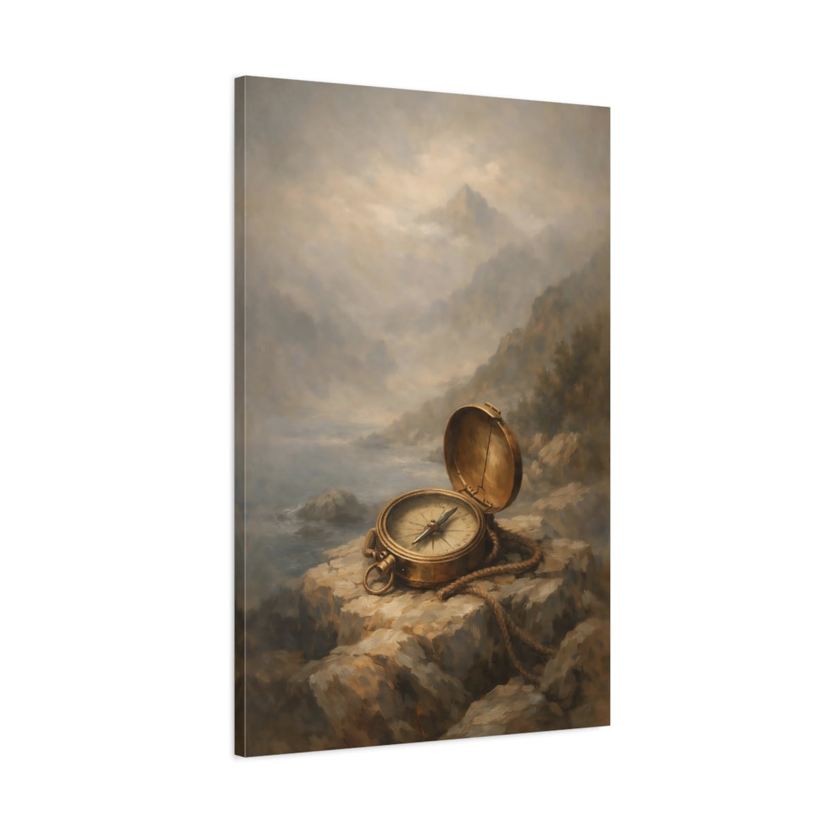 Side Mockup 1. Nature Vintage Compass Brown And Gold shown as stretched canvas wall art