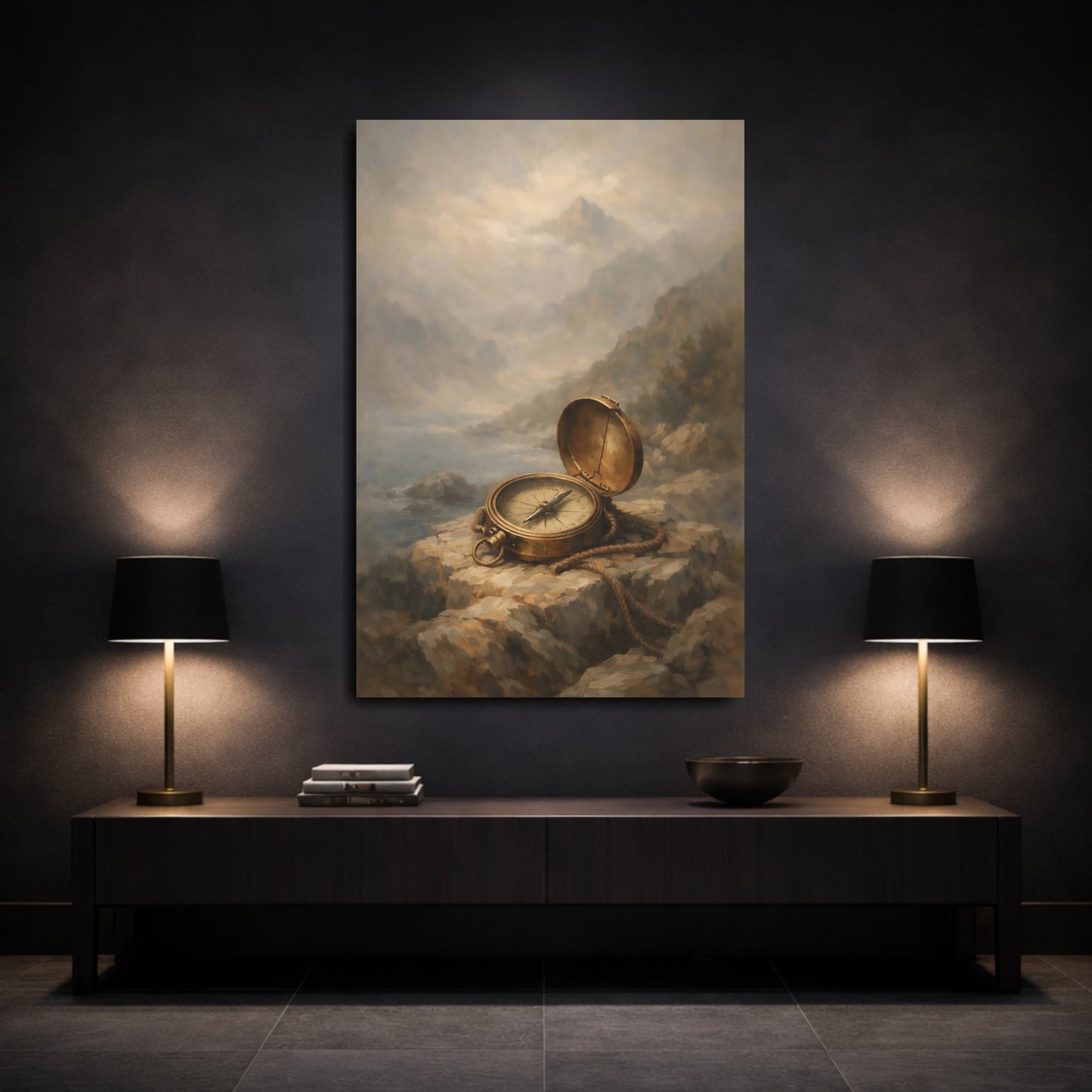 Mockup 2. Nature Vintage Compass Brown And Gold shown as stretched canvas wall art