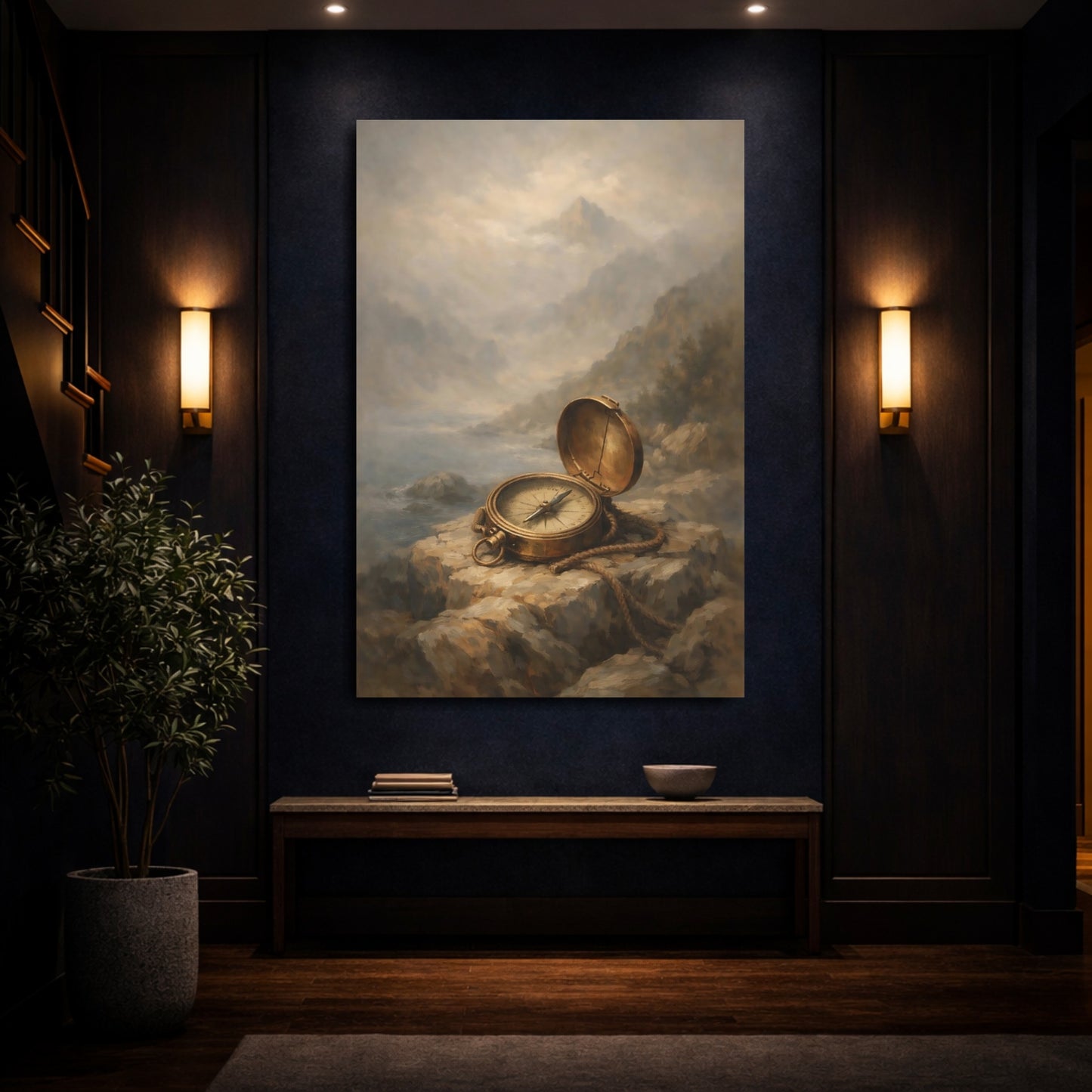 Mockup 3. Nature Vintage Compass Brown And Gold shown as stretched canvas wall art