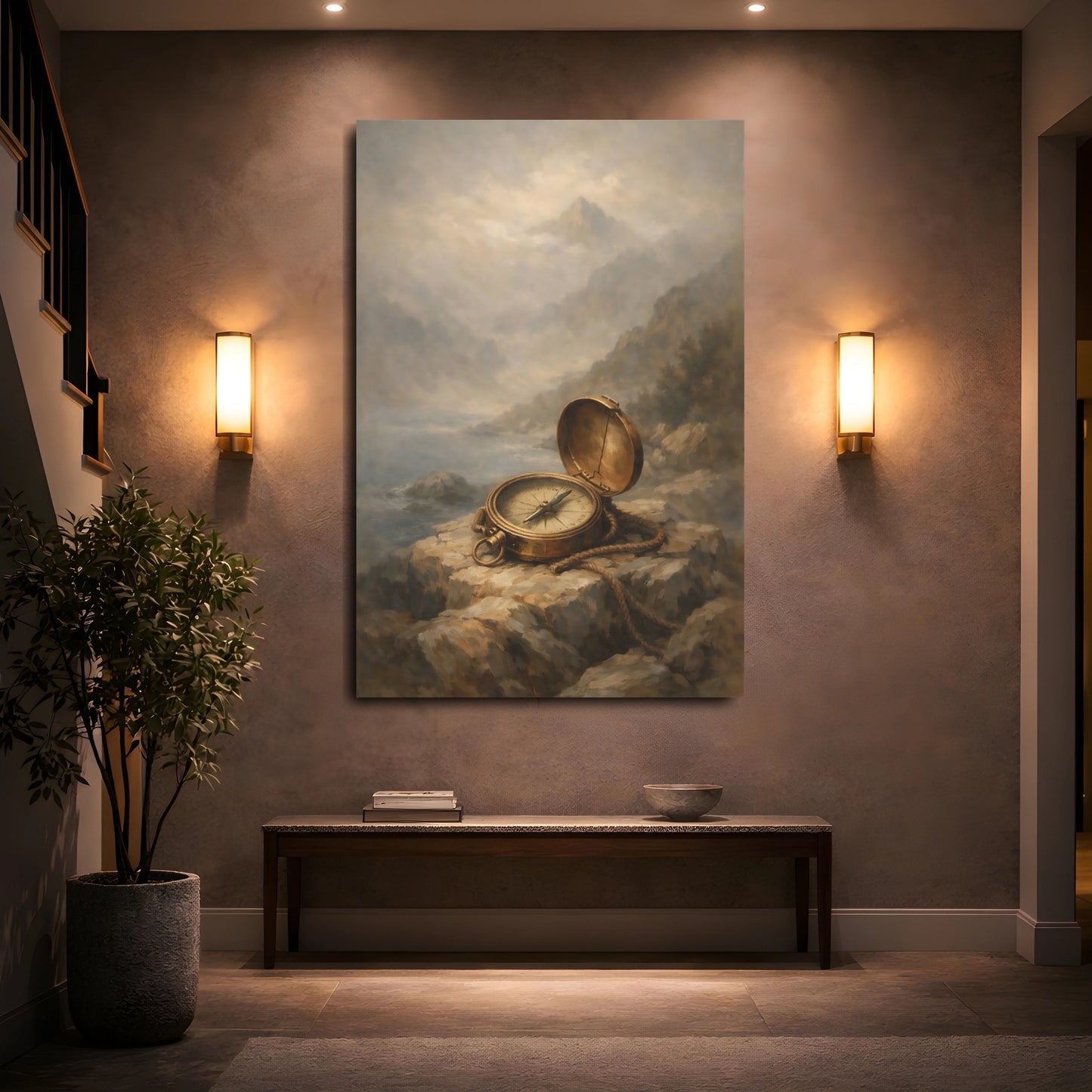 Mockup 4. Nature Vintage Compass Brown And Gold shown as stretched canvas wall art