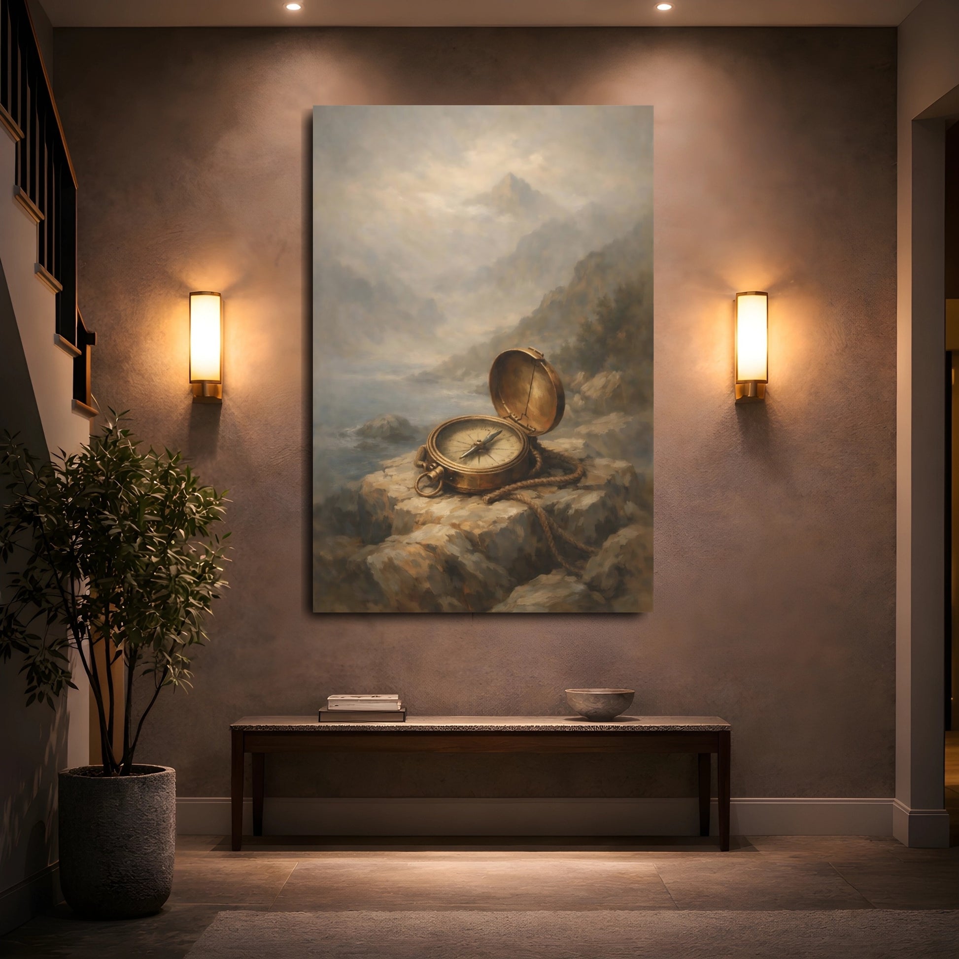 Mockup 4. Nature Vintage Compass Brown And Gold shown as stretched canvas wall art