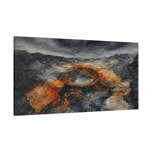 Main Mockup. Nature Volcanic Crater Grey And Orange shown as stretched canvas wall art