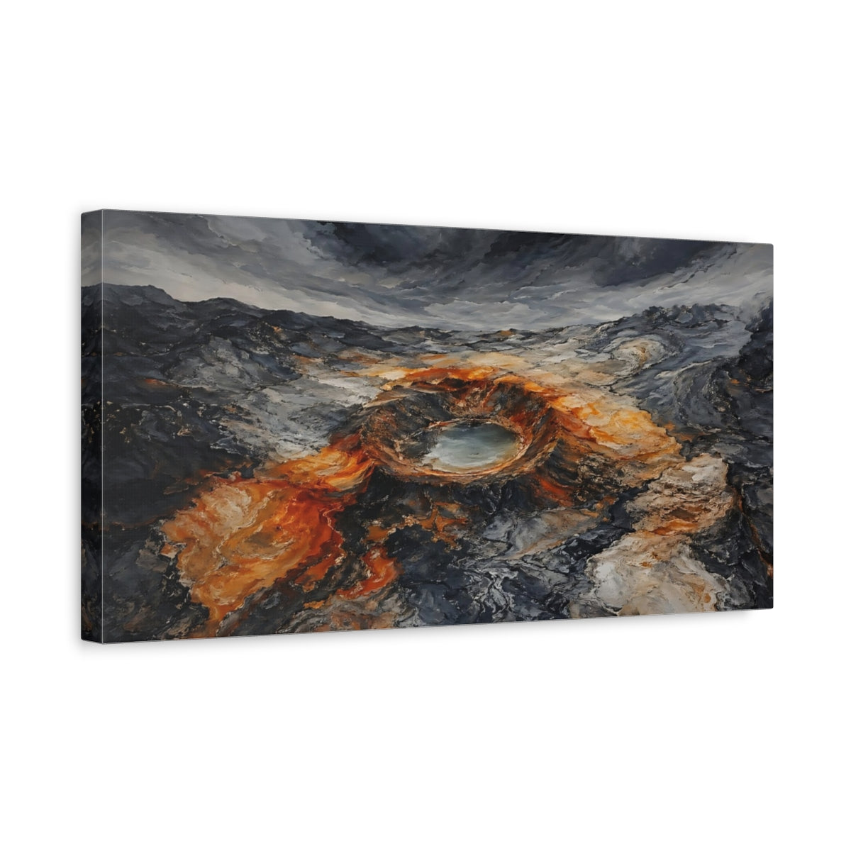 Side Mockup 3. Nature Volcanic Crater Grey And Orange shown as stretched canvas wall art