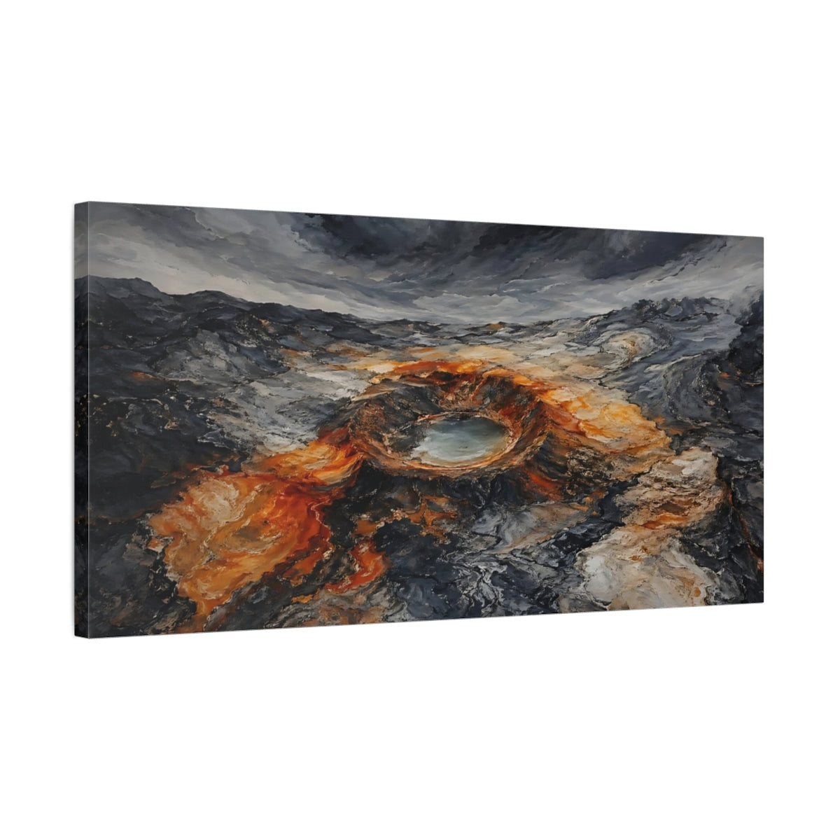 Side Mockup 1. Nature Volcanic Crater Grey And Orange shown as stretched canvas wall art