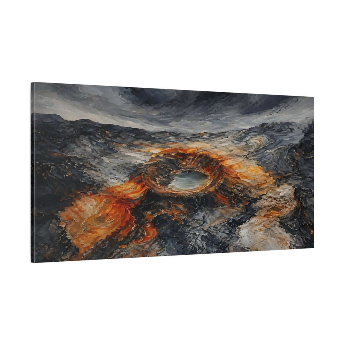 Side Mockup 2. Nature Volcanic Crater Grey And Orange shown as stretched canvas wall art