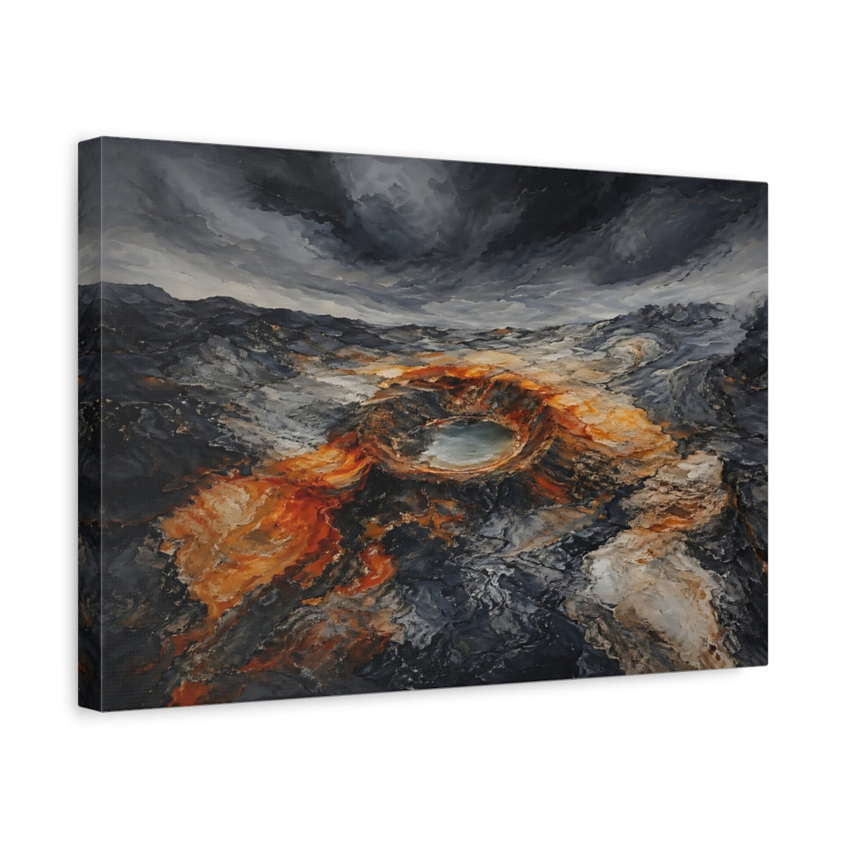 Side Mockup 4. Nature Volcanic Crater Grey And Orange Landscape shown as stretched canvas wall art