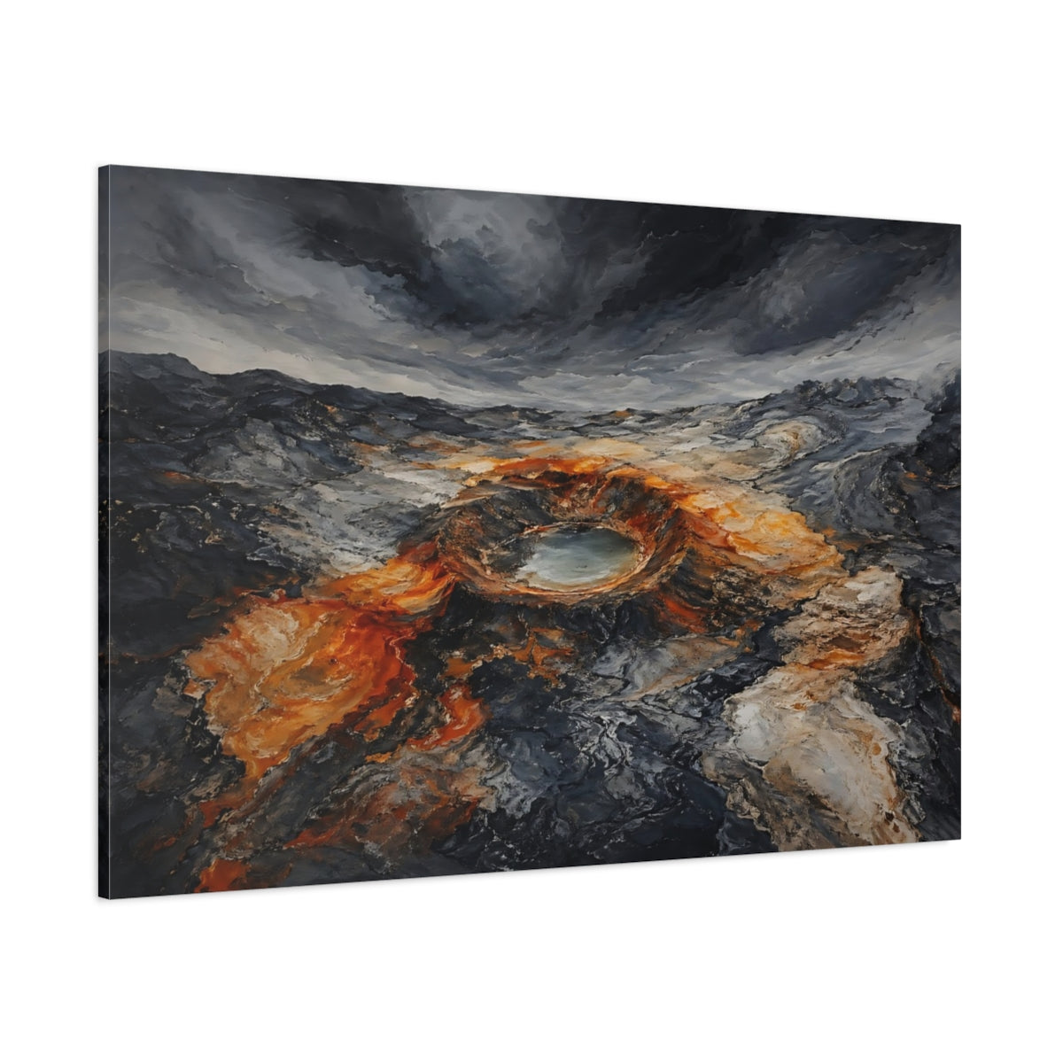 Side Mockup 1. Nature Volcanic Crater Grey And Orange Landscape shown as stretched canvas wall art