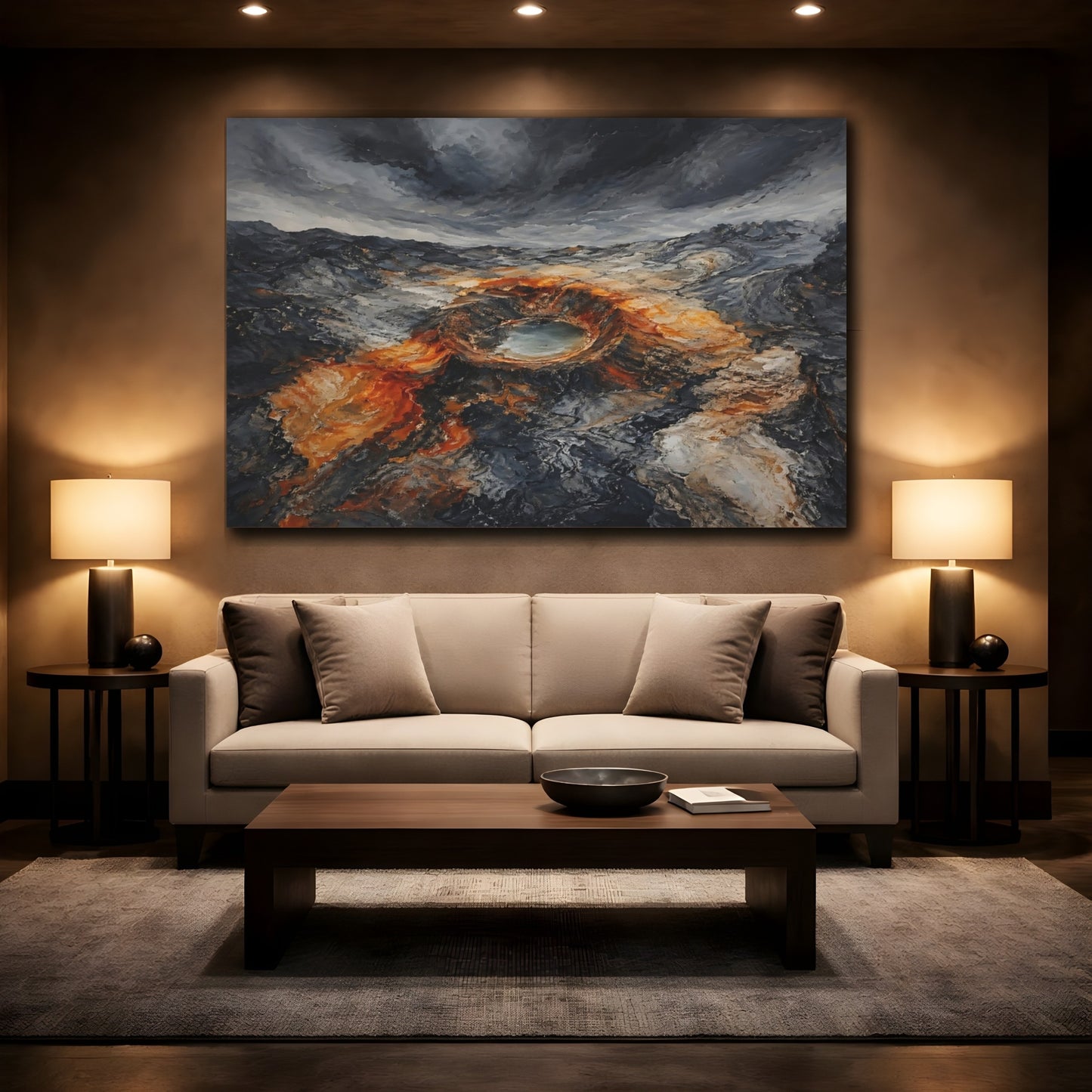 Mockup 2. Nature Volcanic Crater Grey And Orange Landscape shown as stretched canvas wall art