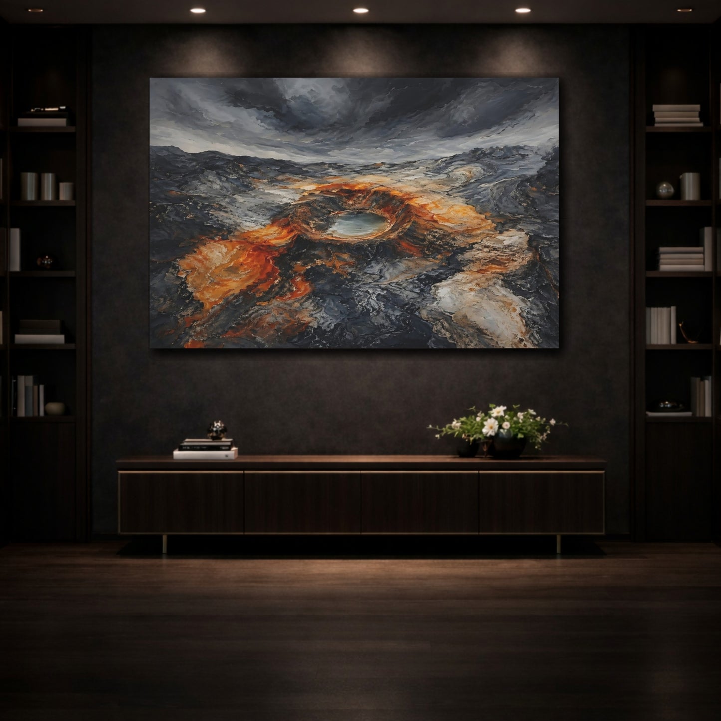 Mockup 3. Nature Volcanic Crater Grey And Orange Landscape shown as stretched canvas wall art