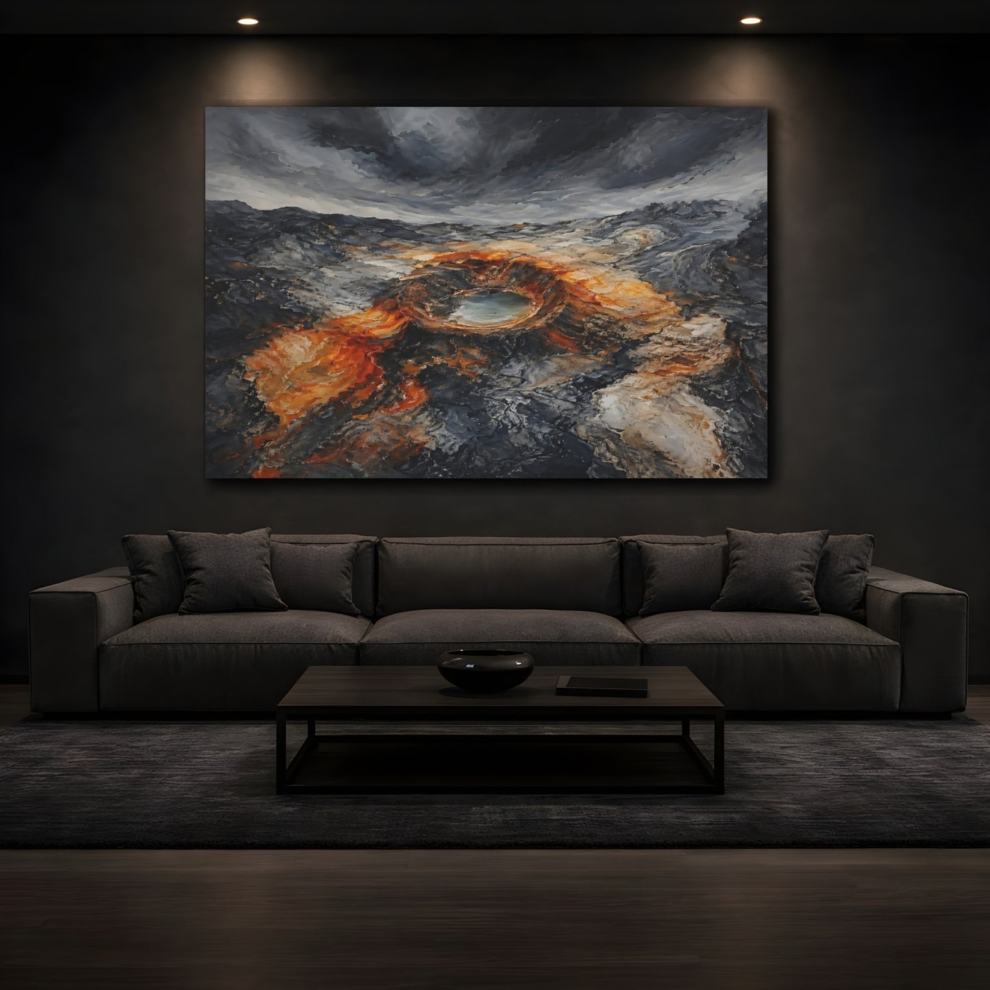 Mockup 4. Nature Volcanic Crater Grey And Orange Landscape shown as stretched canvas wall art