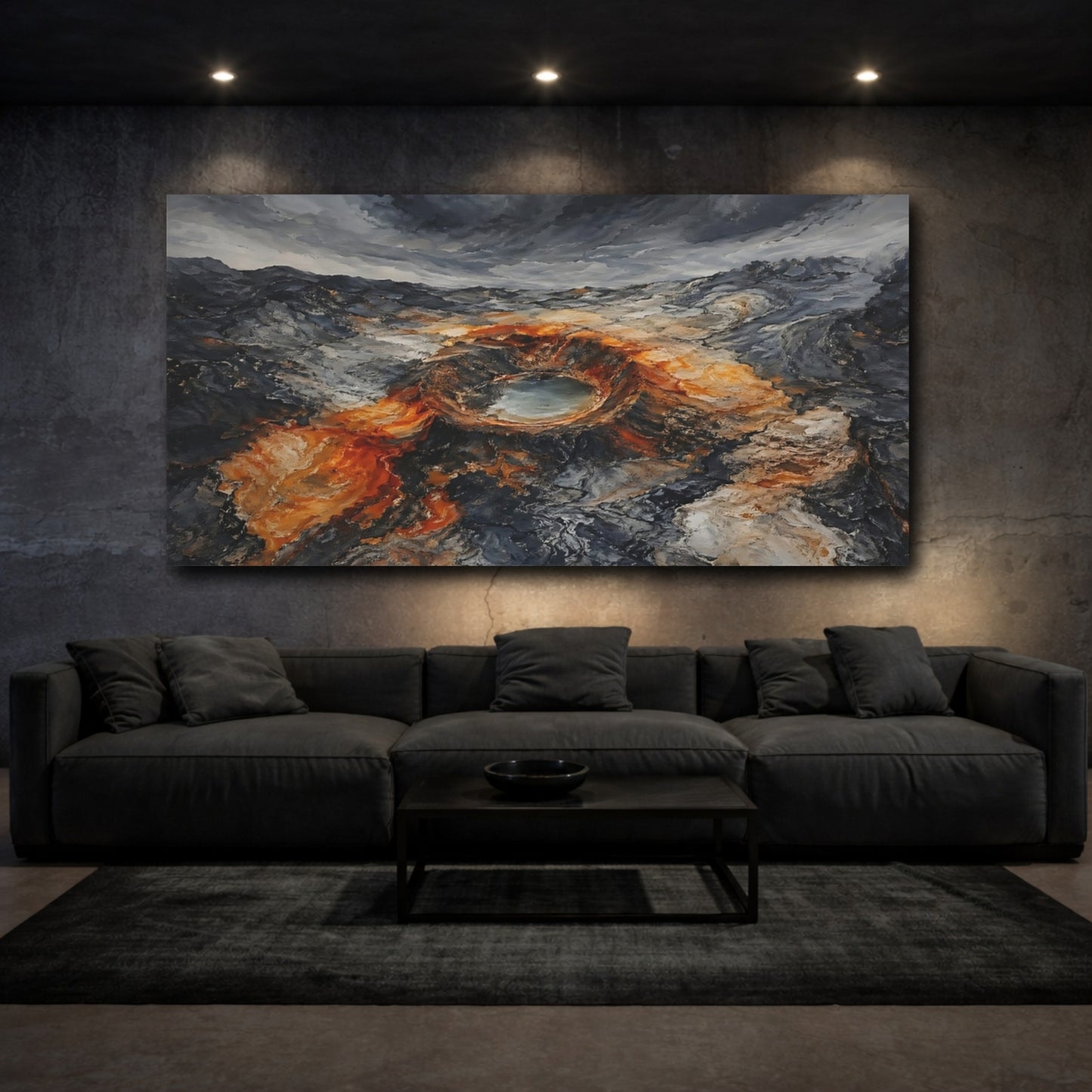 Mockup 2. Nature Volcanic Crater Grey And Orange shown as stretched canvas wall art