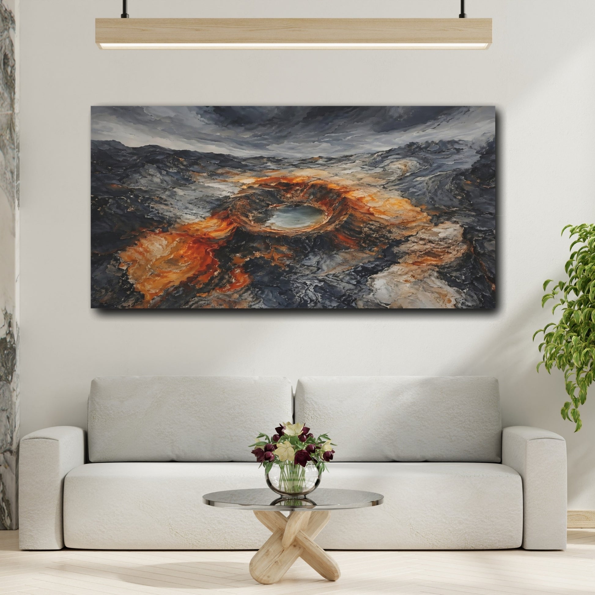 Mockup 3. Nature Volcanic Crater Grey And Orange shown as stretched canvas wall art