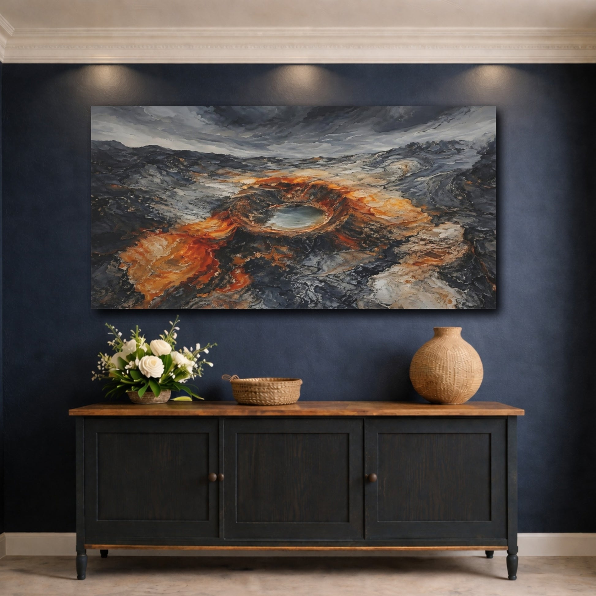 Mockup 4. Nature Volcanic Crater Grey And Orange shown as stretched canvas wall art