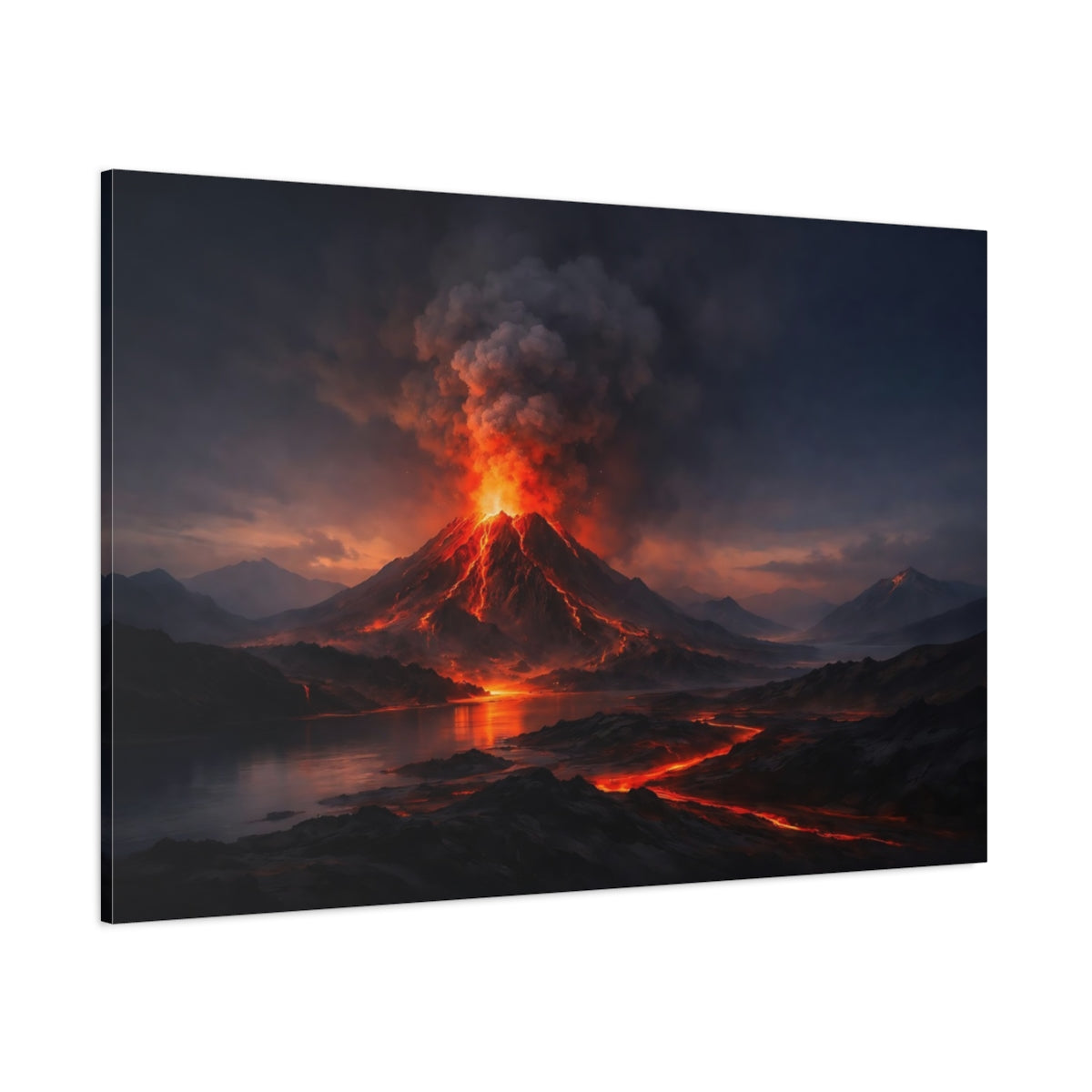 Side Mockup 1. Nature Volcanic Eruption Dark Orange Landscape shown as stretched canvas wall art