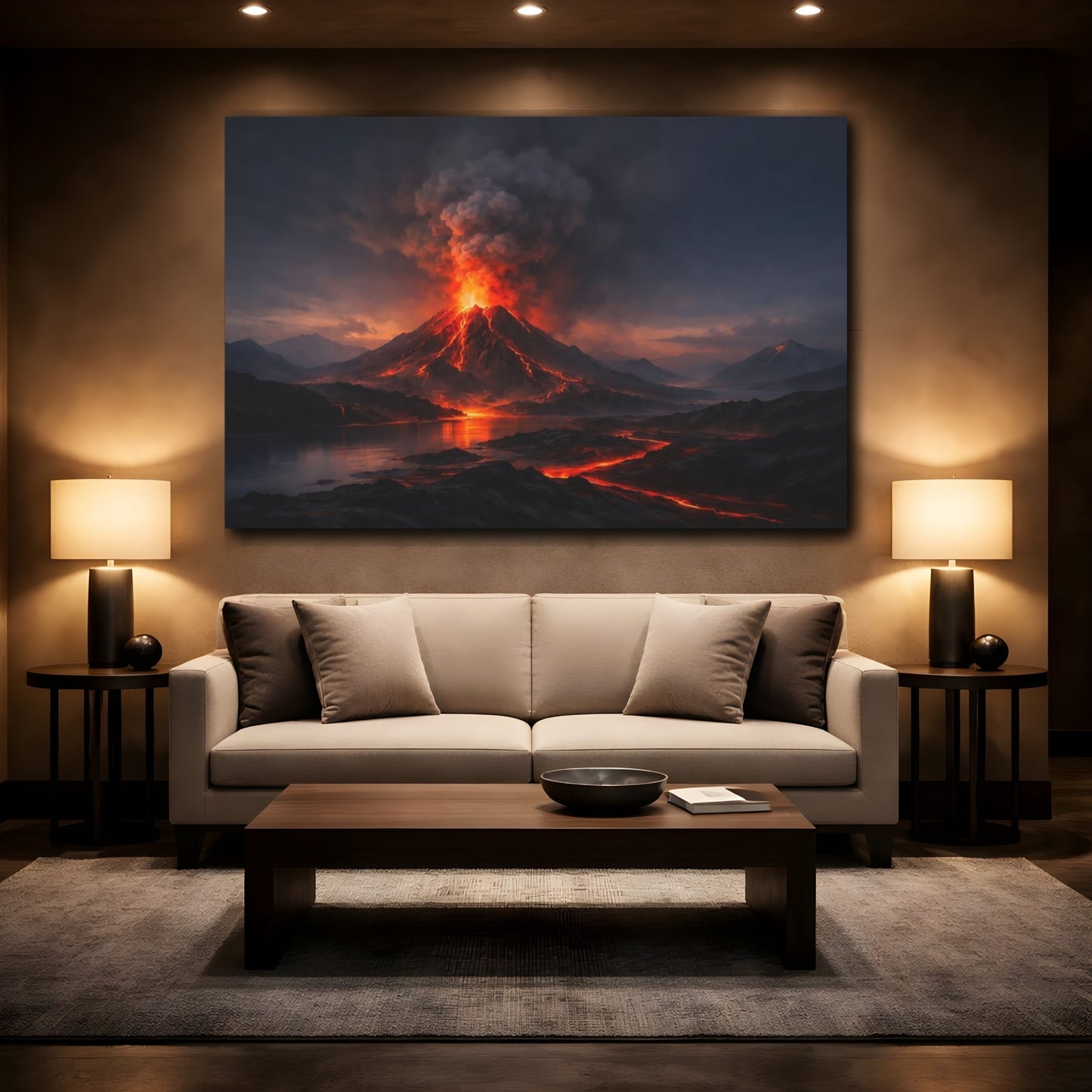 Mockup 2. Nature Volcanic Eruption Dark Orange Landscape shown as stretched canvas wall art