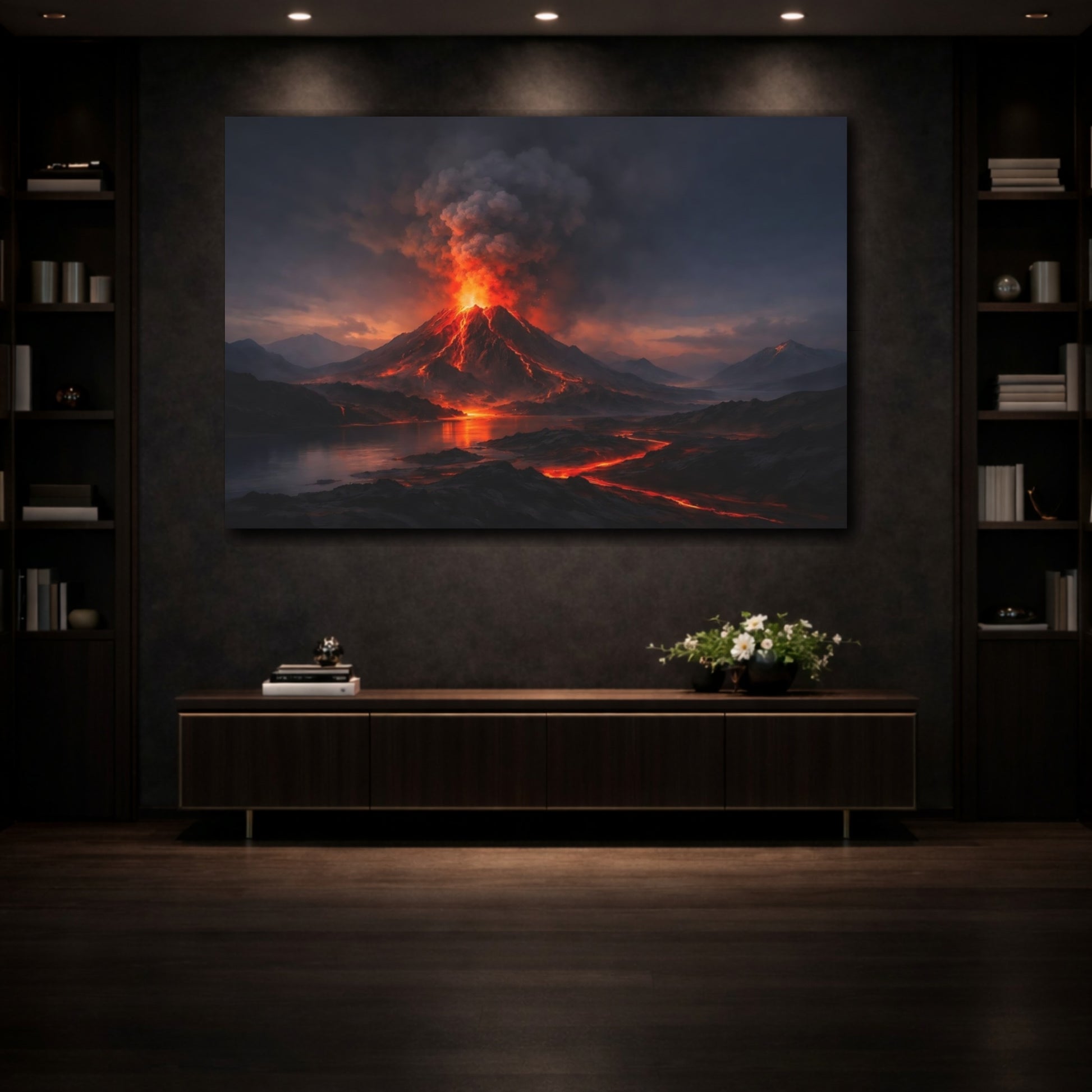 Mockup 3. Nature Volcanic Eruption Dark Orange Landscape shown as stretched canvas wall art