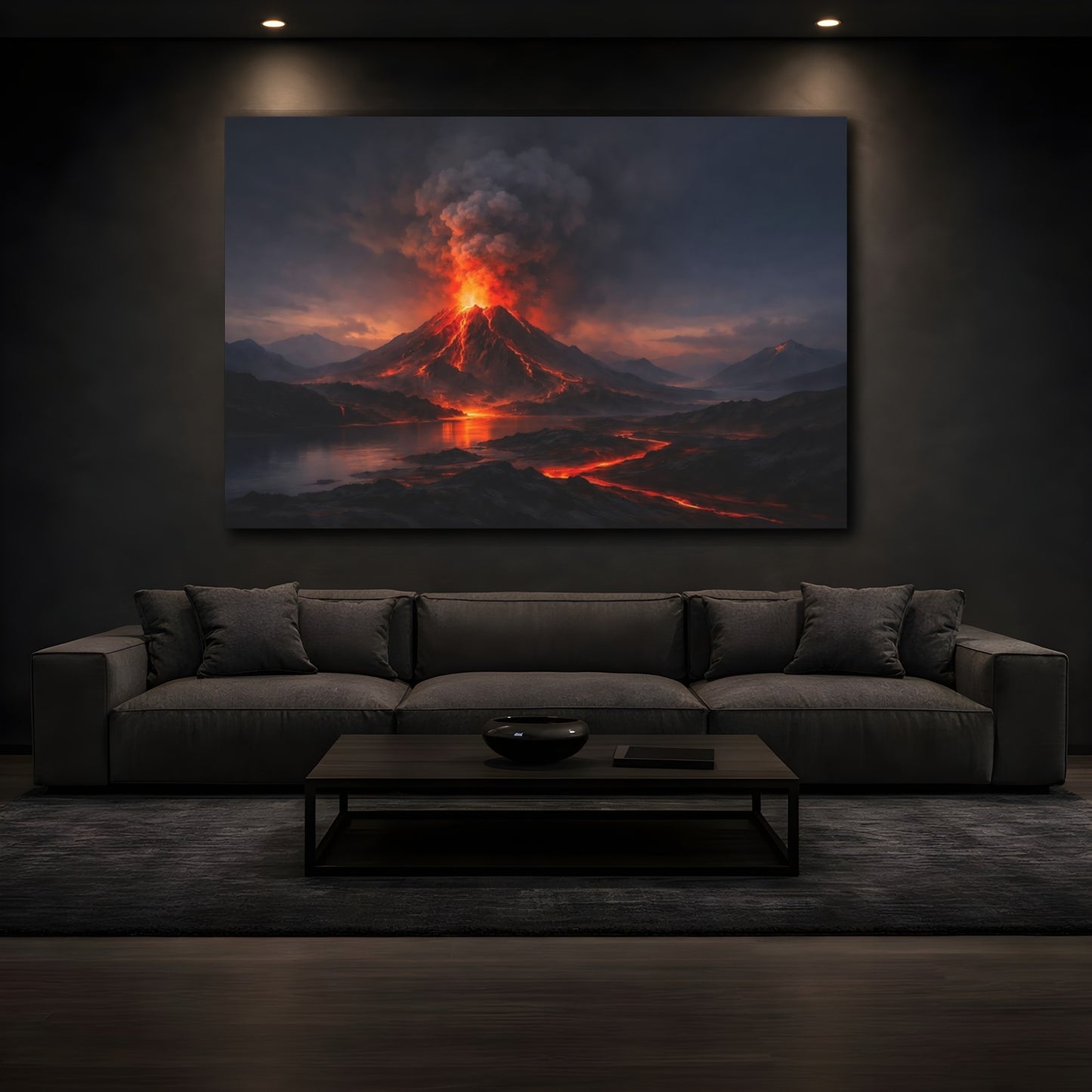 Mockup 4. Nature Volcanic Eruption Dark Orange Landscape shown as stretched canvas wall art