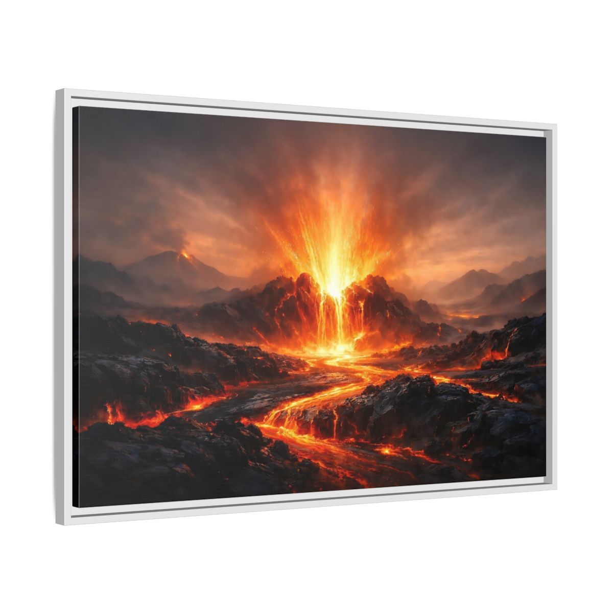 Side Mockup 8. Nature Volcanic Eruption Volcano Landscape shown as stretched canvas wall art