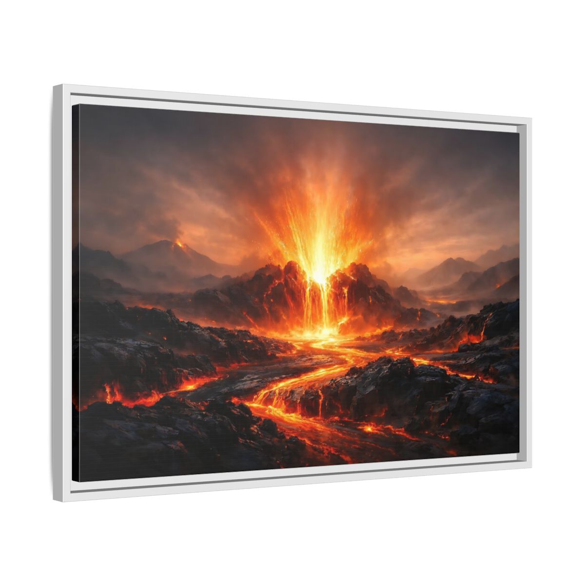 Side Mockup 10. Nature Volcanic Eruption Volcano Landscape shown as stretched canvas wall art