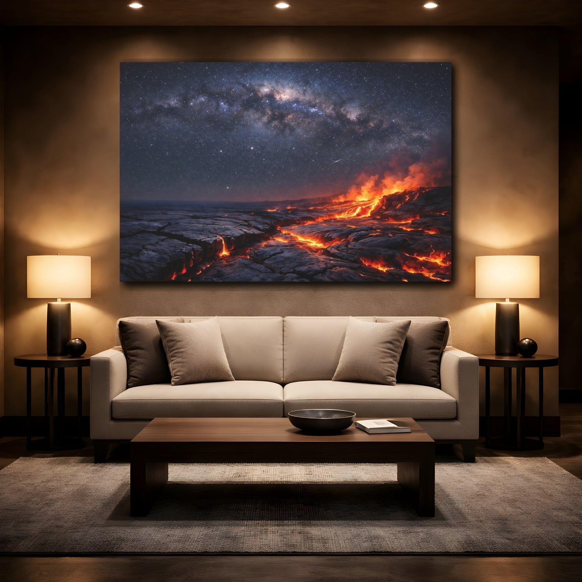 Mockup 2. Nature Volcanic Lava Lava Night Sky shown as stretched canvas wall art