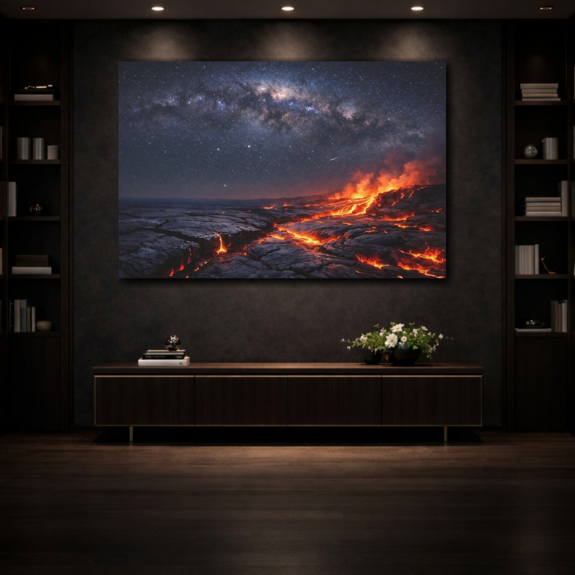 Mockup 3. Nature Volcanic Lava Lava Night Sky shown as stretched canvas wall art