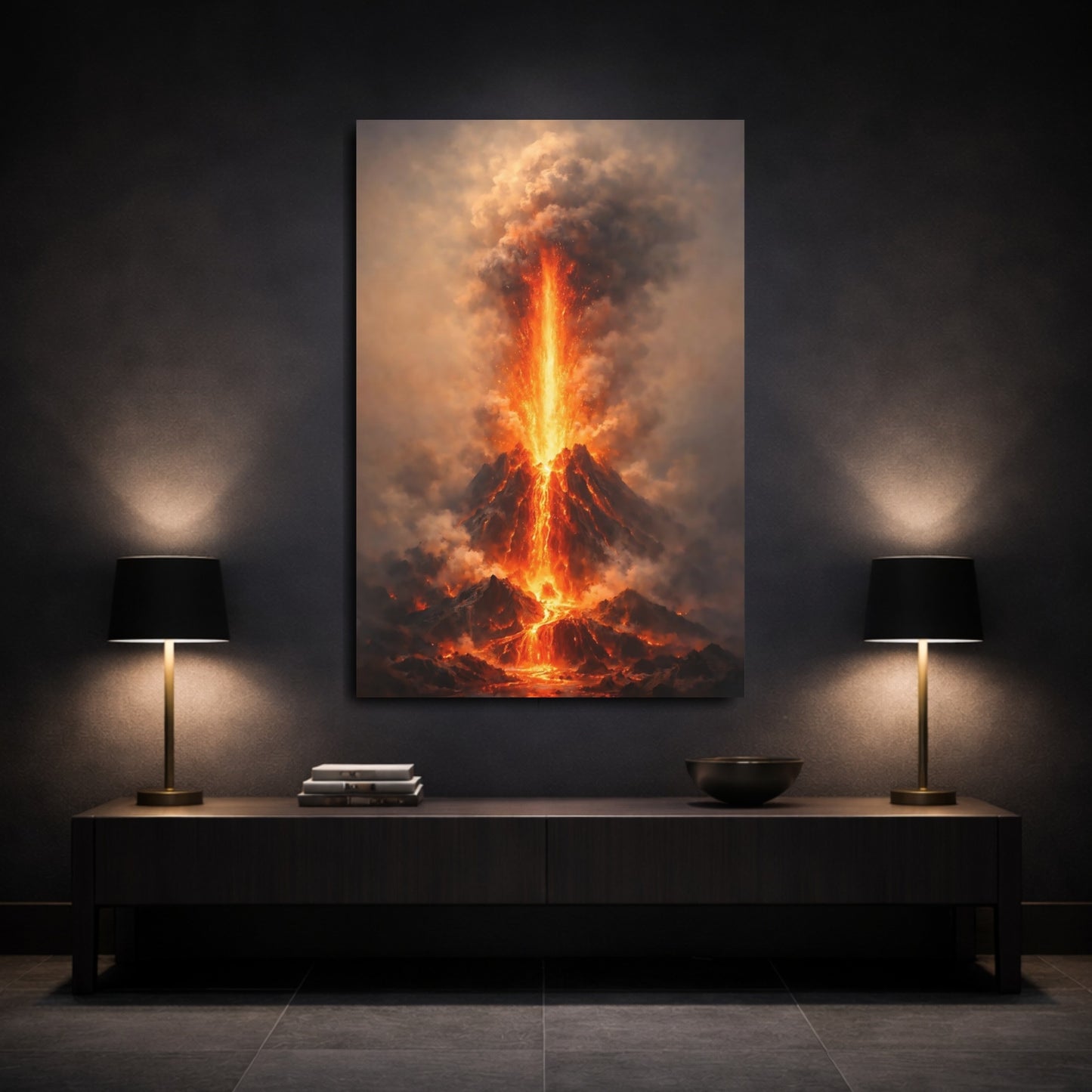 Mockup 2. Nature Volcano Eruption Fiery Volcano shown as stretched canvas wall art